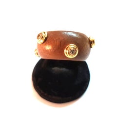1970s Christian Dior Wooden Band Ring Set with Diamond Mounted in 18 Karat Gold