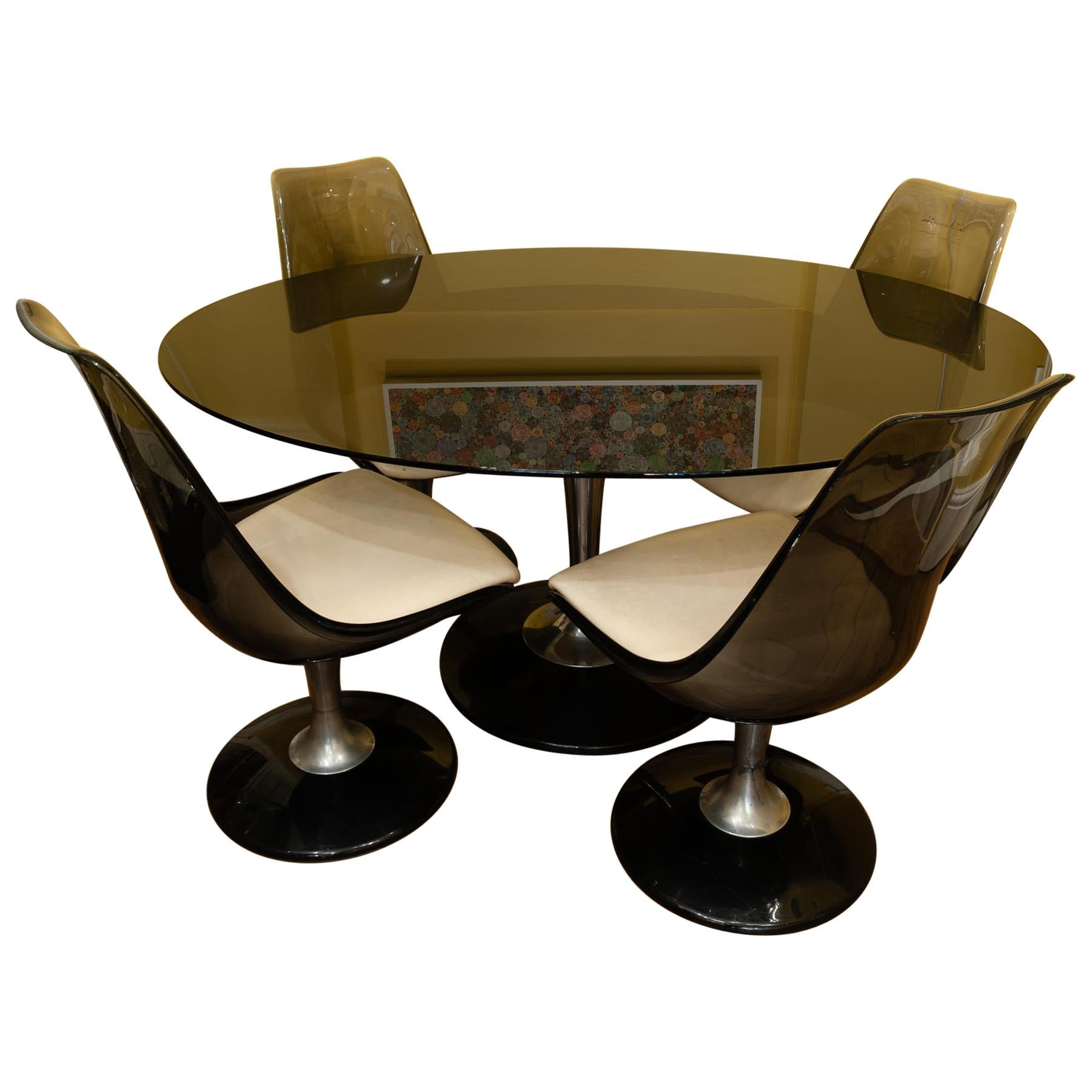1970s Chromcraft Smoked Glass and Lucite Oval Tulip Dining Table and 4 Chairs