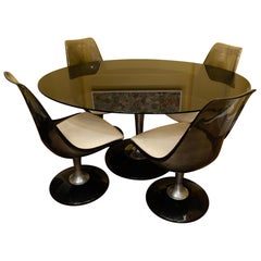 1970s Chromcraft Smoked Glass and Lucite Oval Tulip Dining Table and 4 Chairs