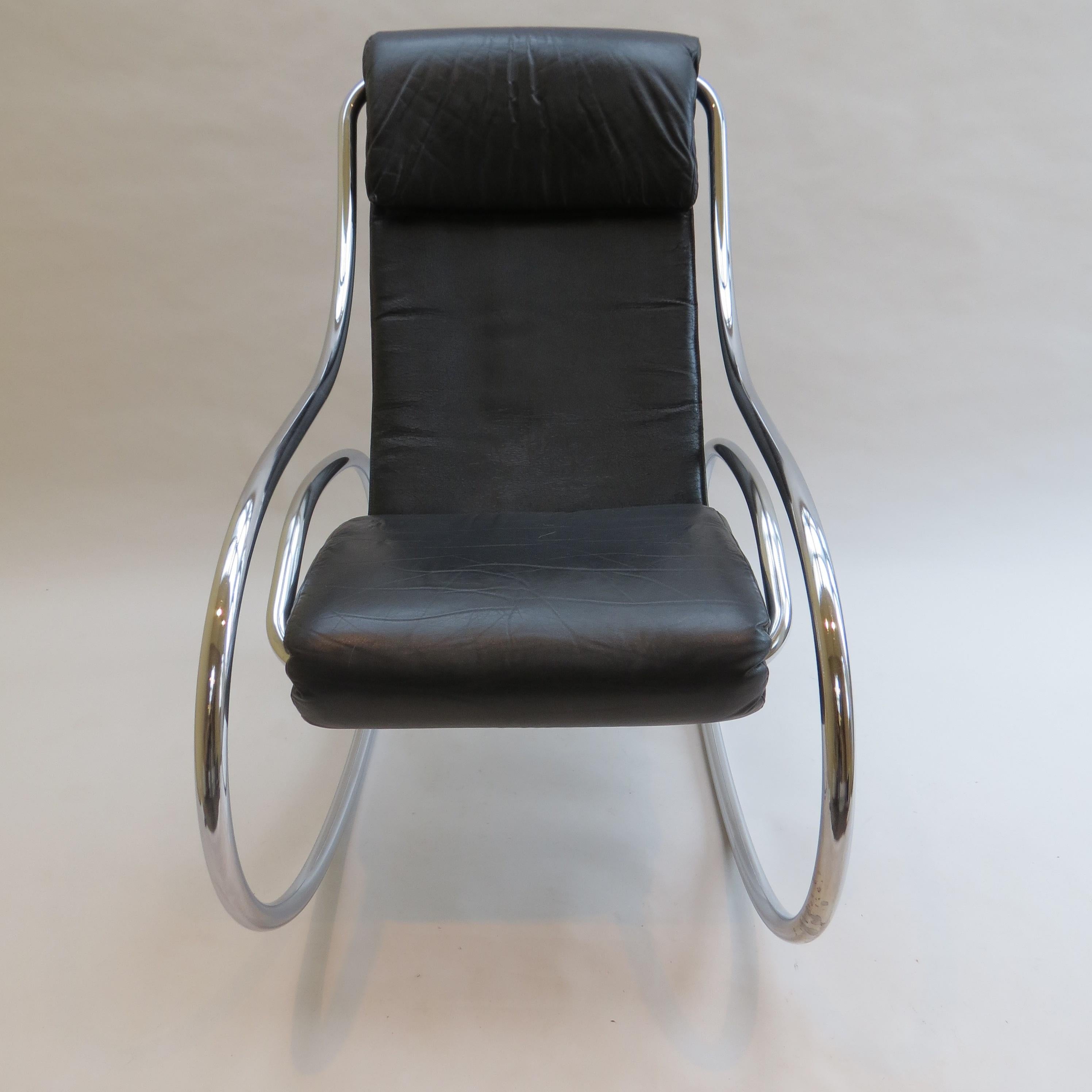 Mid-Century Modern 1970s Chrome and Black Leather Sculptural Rocking Chair by Heals