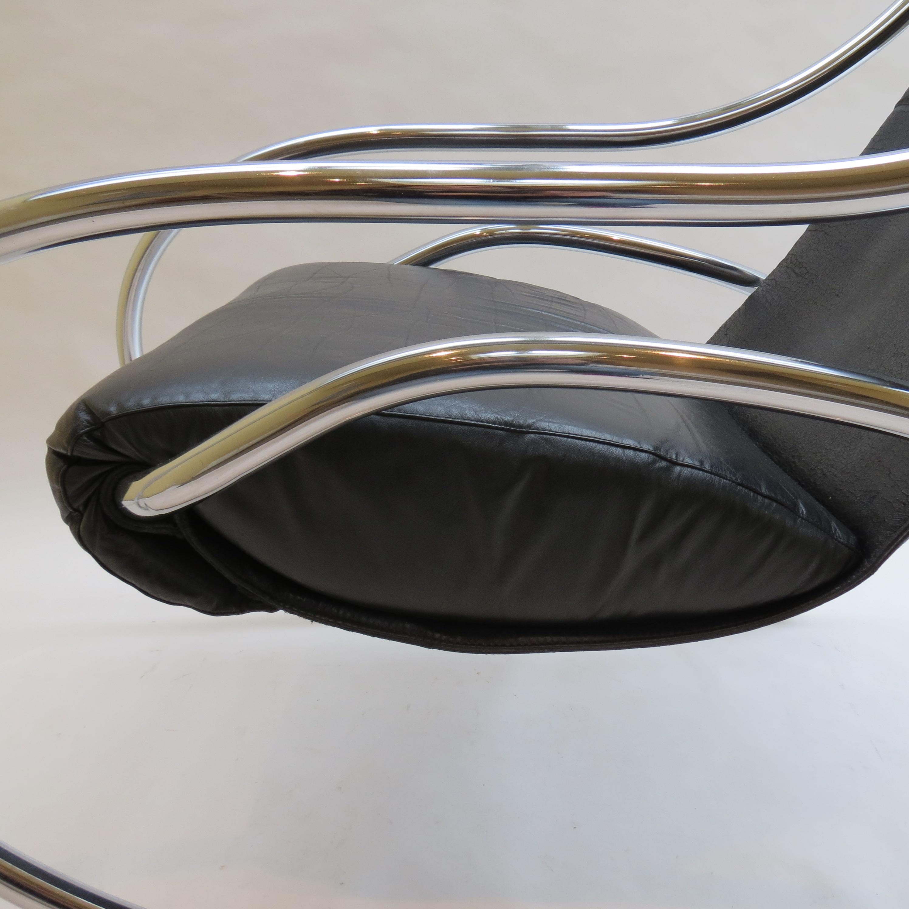 English 1970s Chrome and Black Leather Sculptural Rocking Chair by Heals