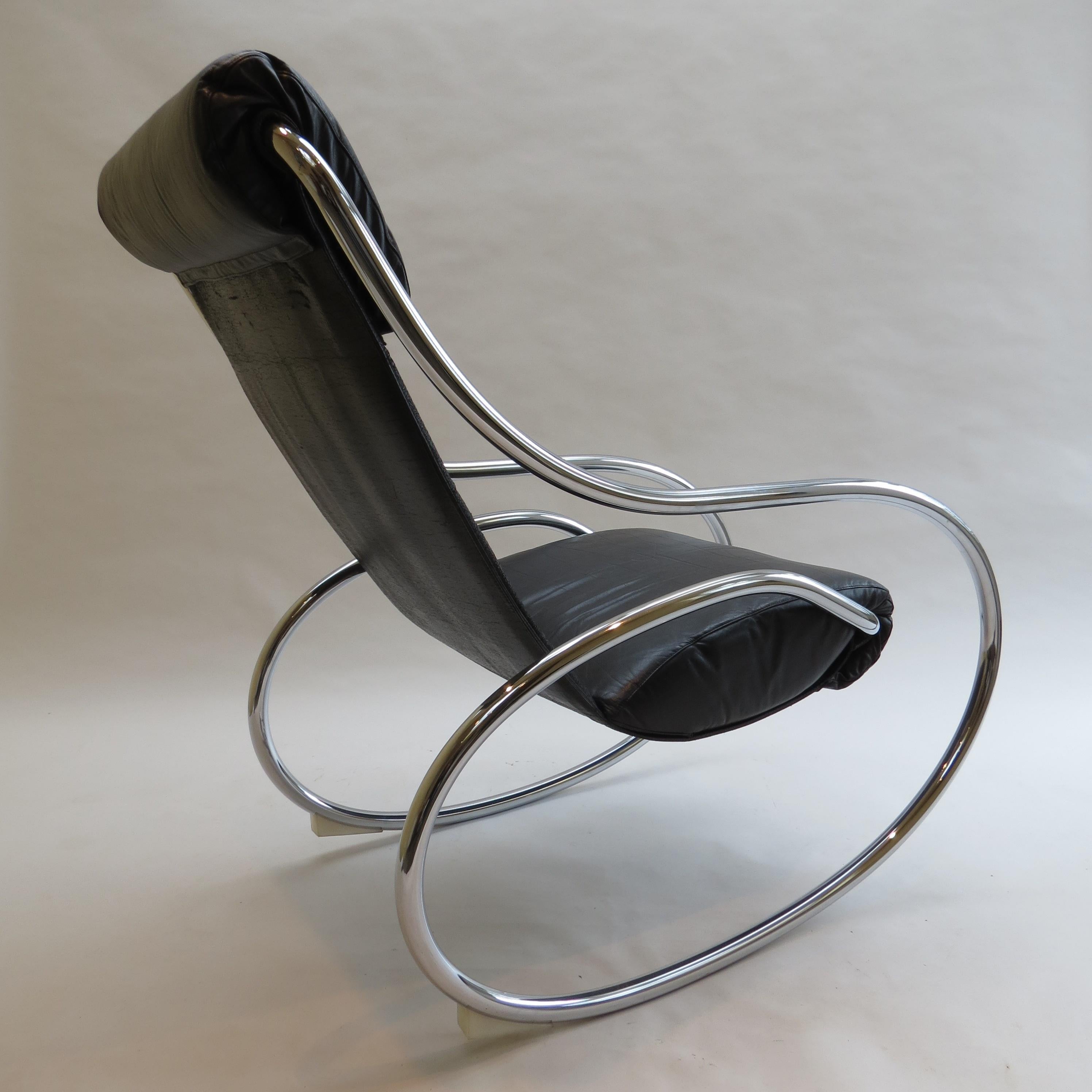 20th Century 1970s Chrome and Black Leather Sculptural Rocking Chair by Heals