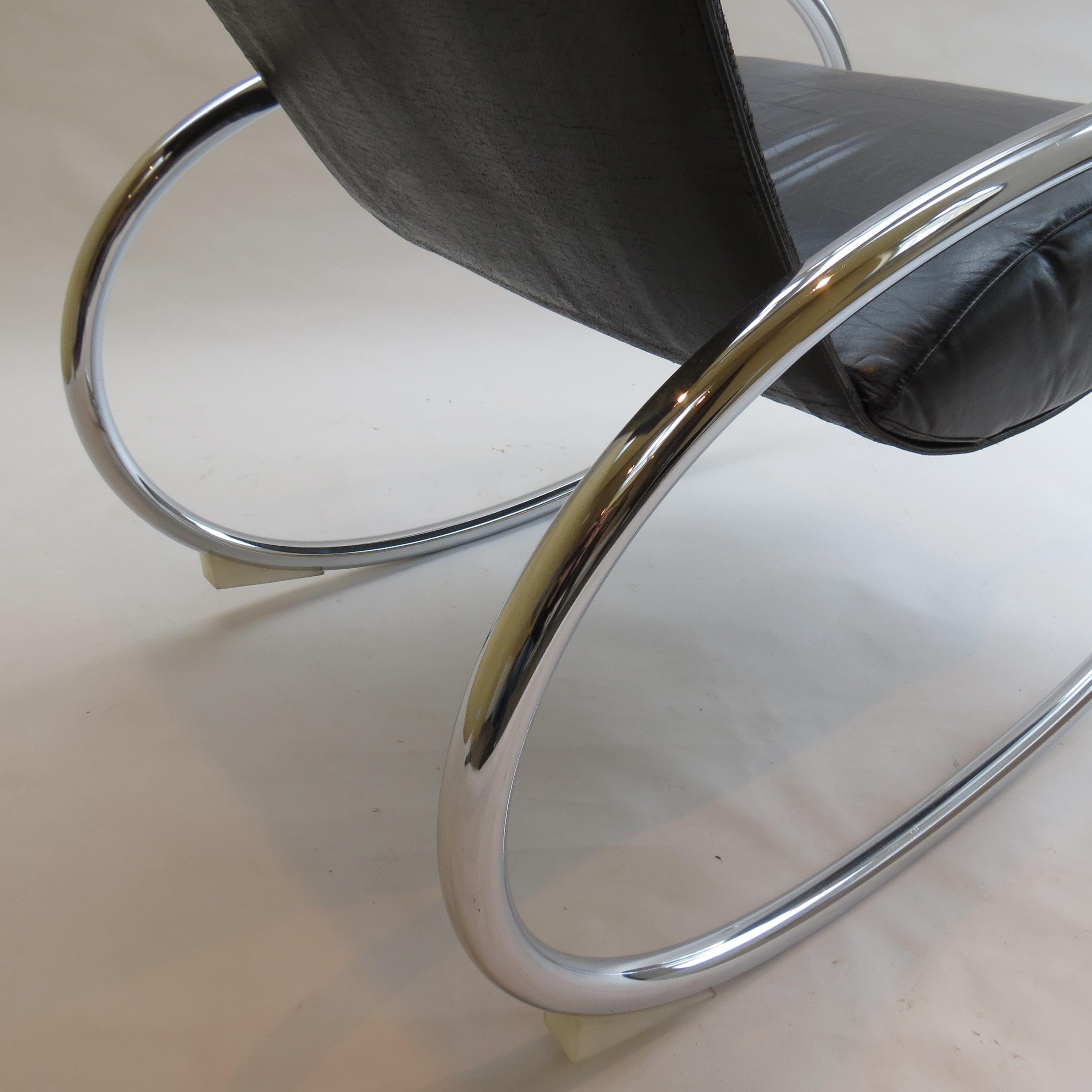 1970s Chrome and Black Leather Sculptural Rocking Chair by Heals 2