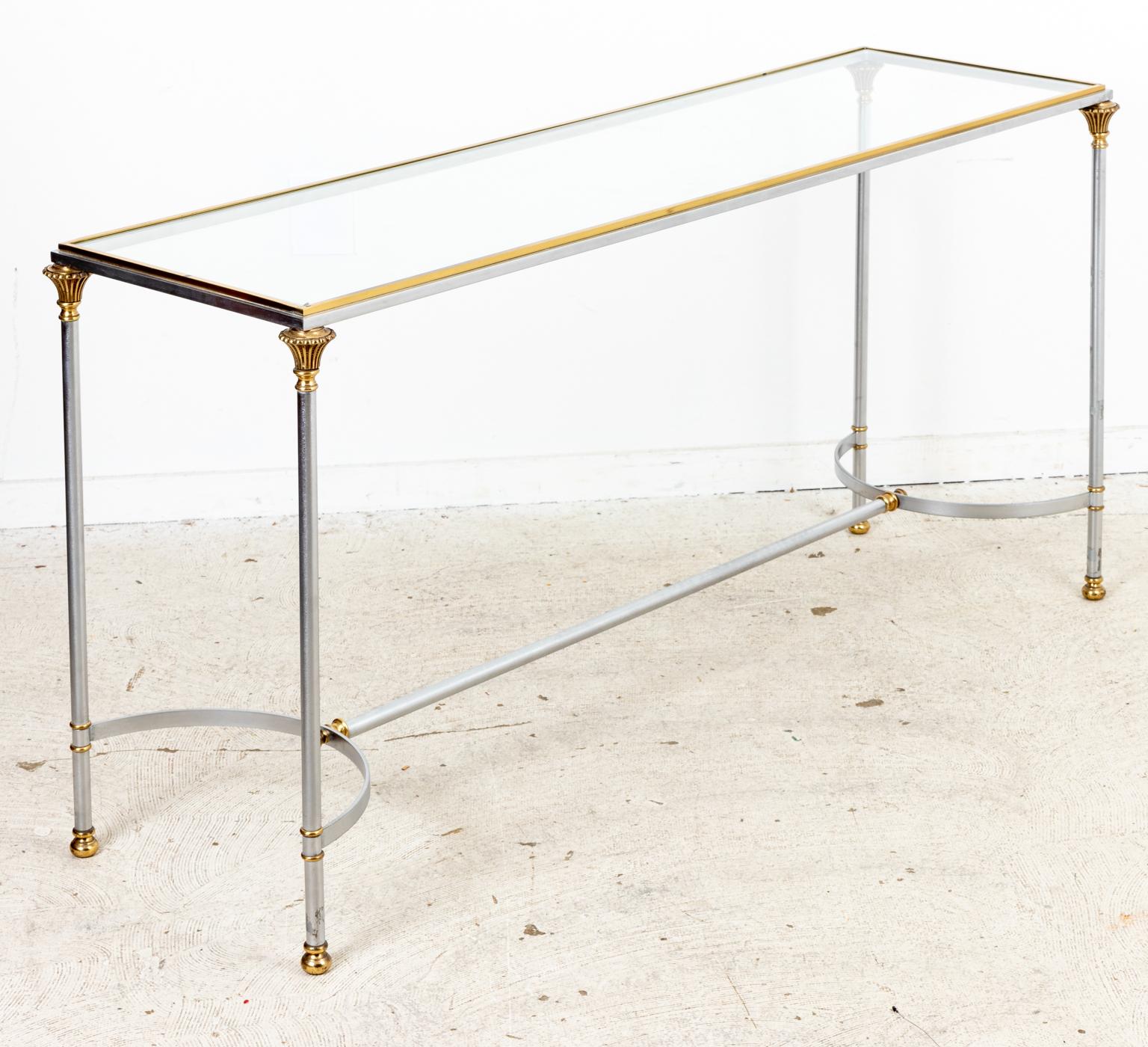 Mid-Century Modern 1970s Chrome and Brass Console Table with Glass Top
