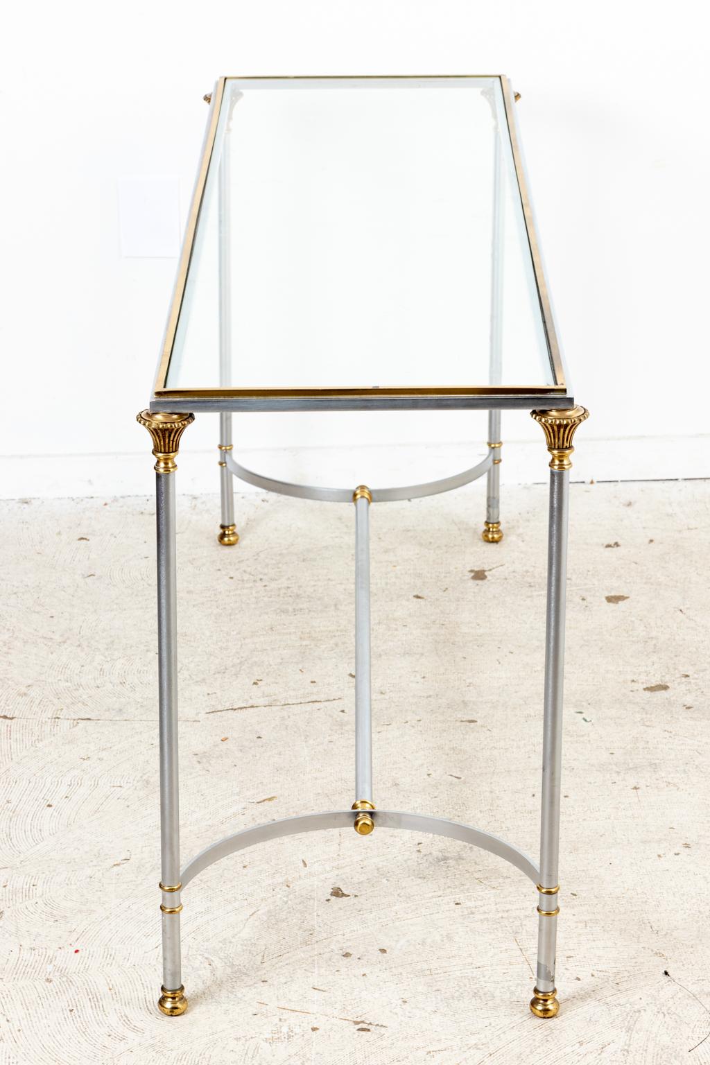 Italian 1970s Chrome and Brass Console Table with Glass Top