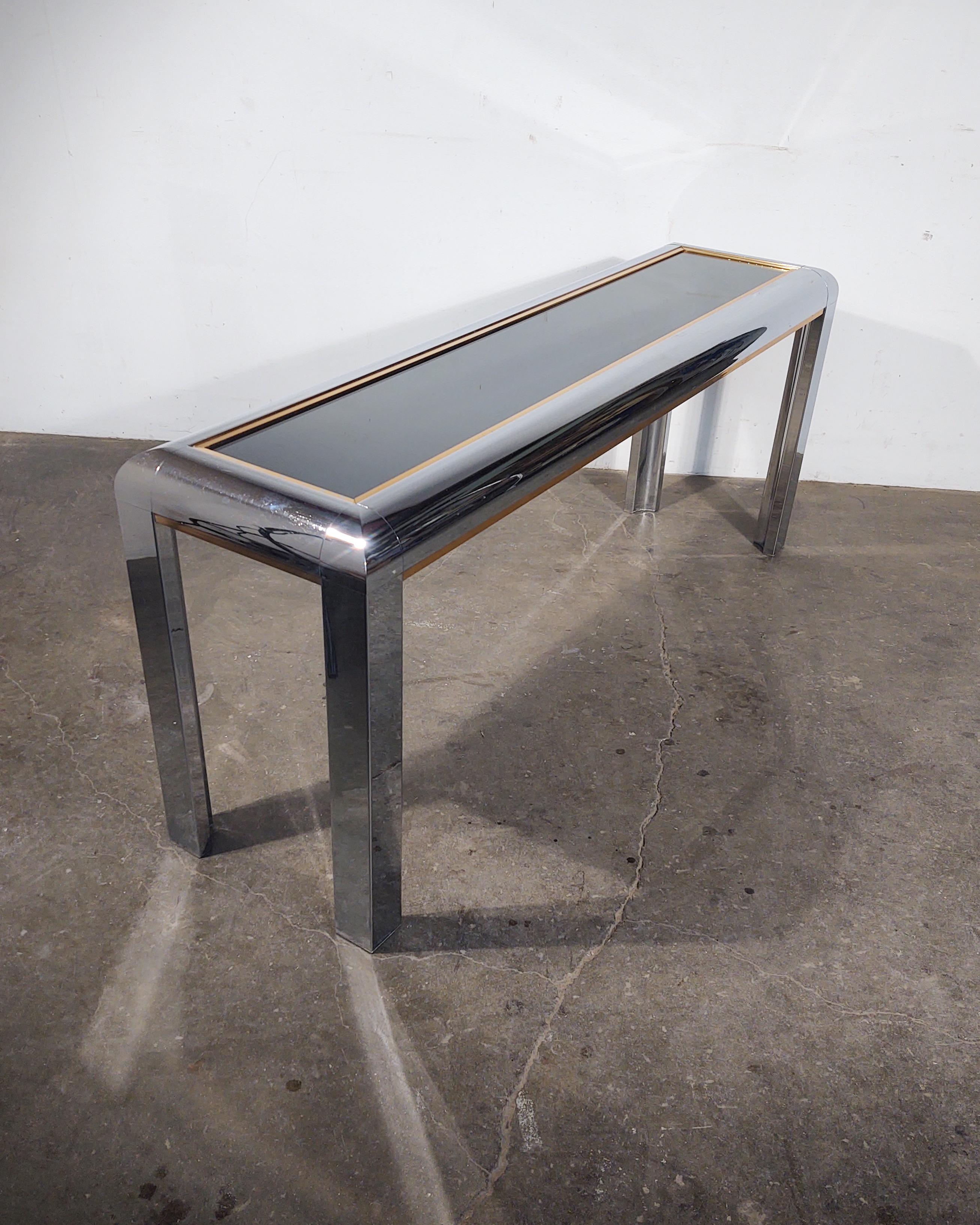 Smoked Glass 1970s Chrome Console Table with Smoky Mirror Top by Milo Baughman