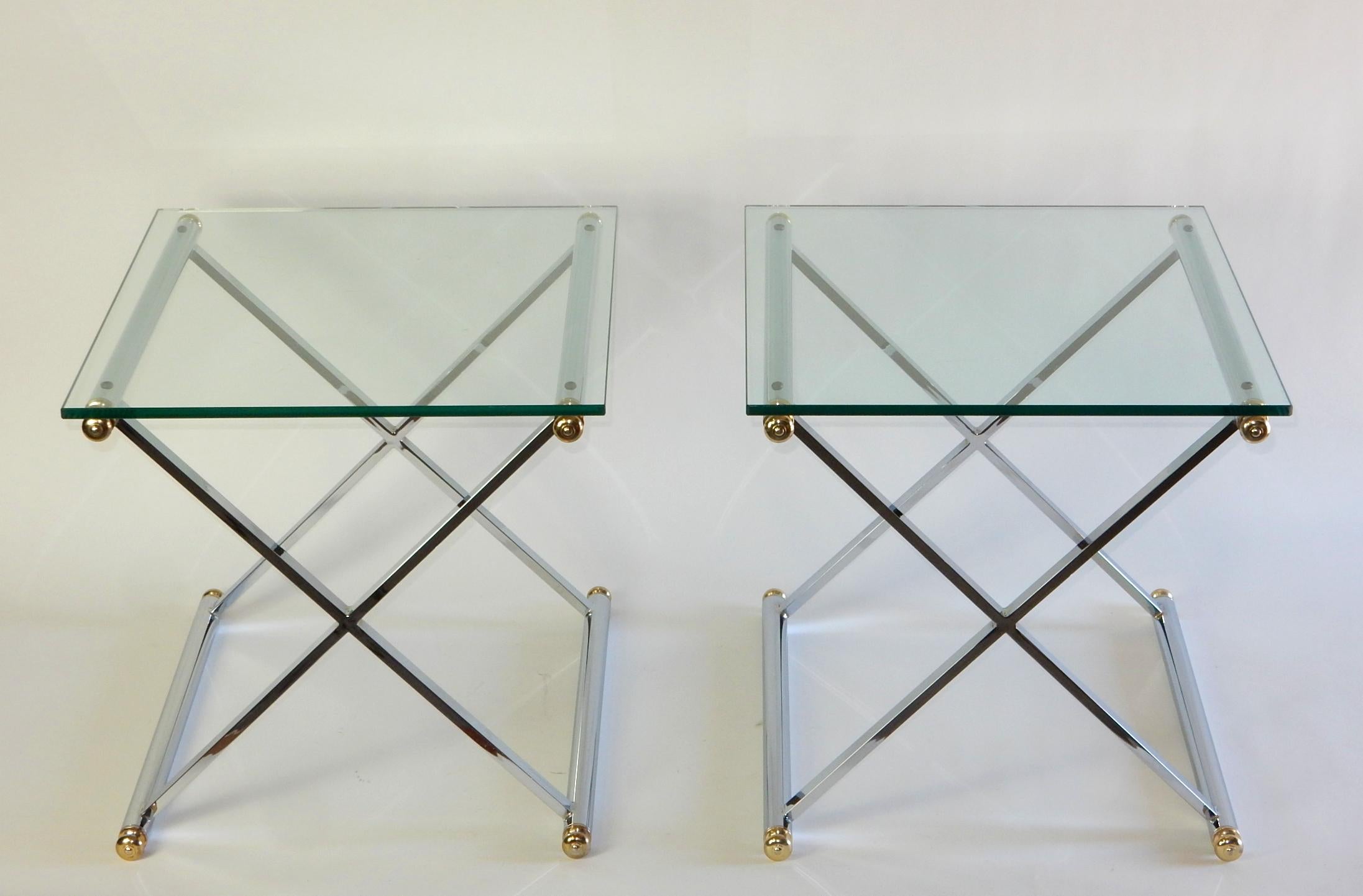 Fabulous set of X base side tables from the 1970's.
Triple plated chrome over steel with solid brass 