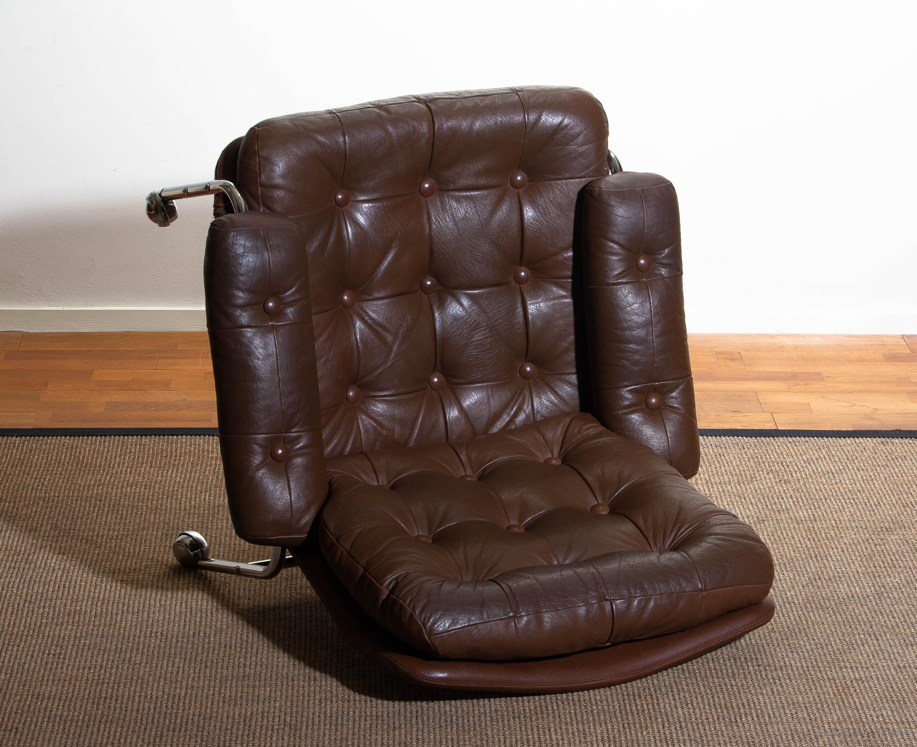 1970s, Chrome and Brown Leather Easy / Lounge Chair by Scapa Rydaholm, Sweden 5