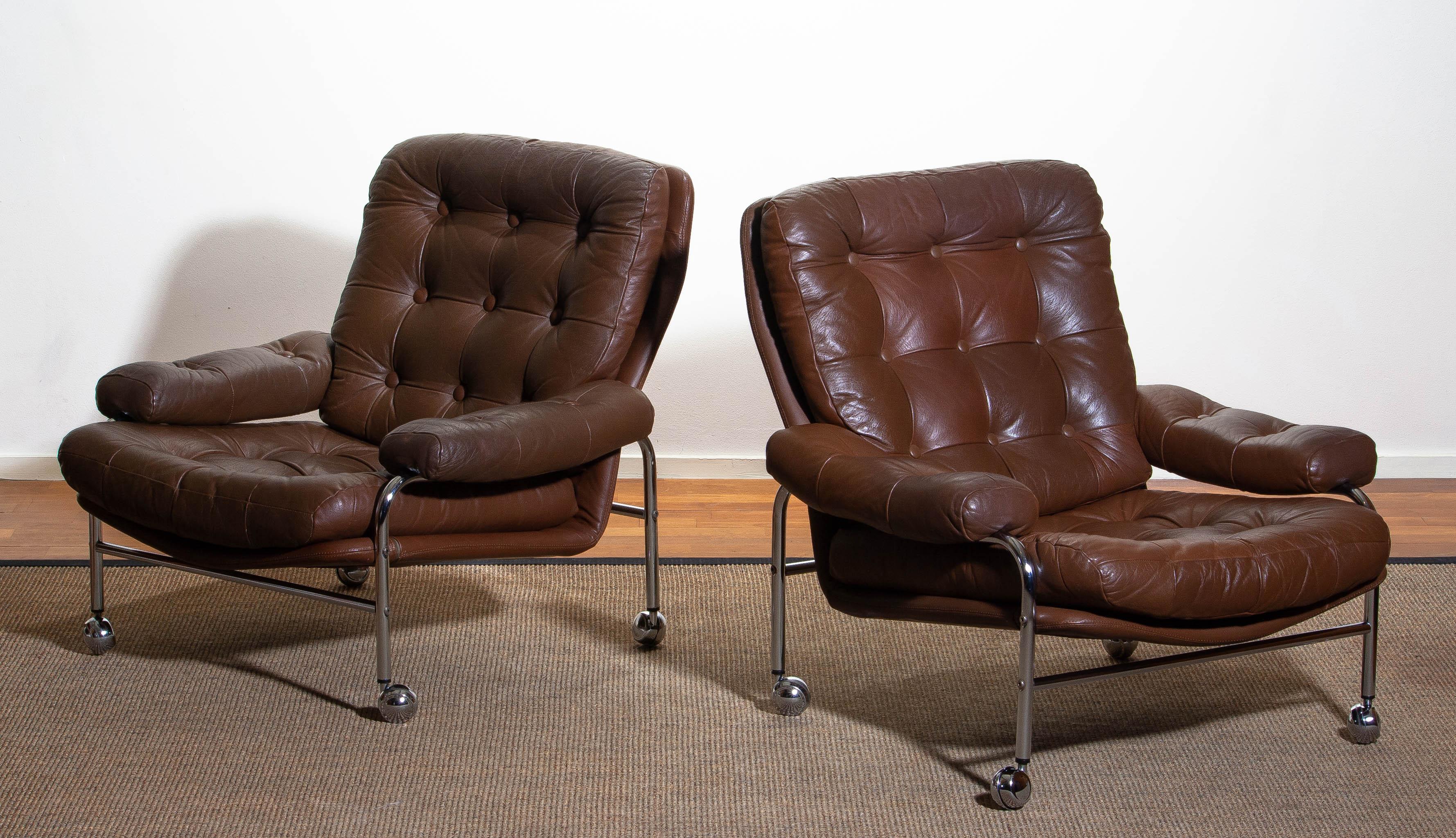 1970s, Chrome and Brown Leather Easy / Lounge Chair by Scapa Rydaholm, Sweden 6
