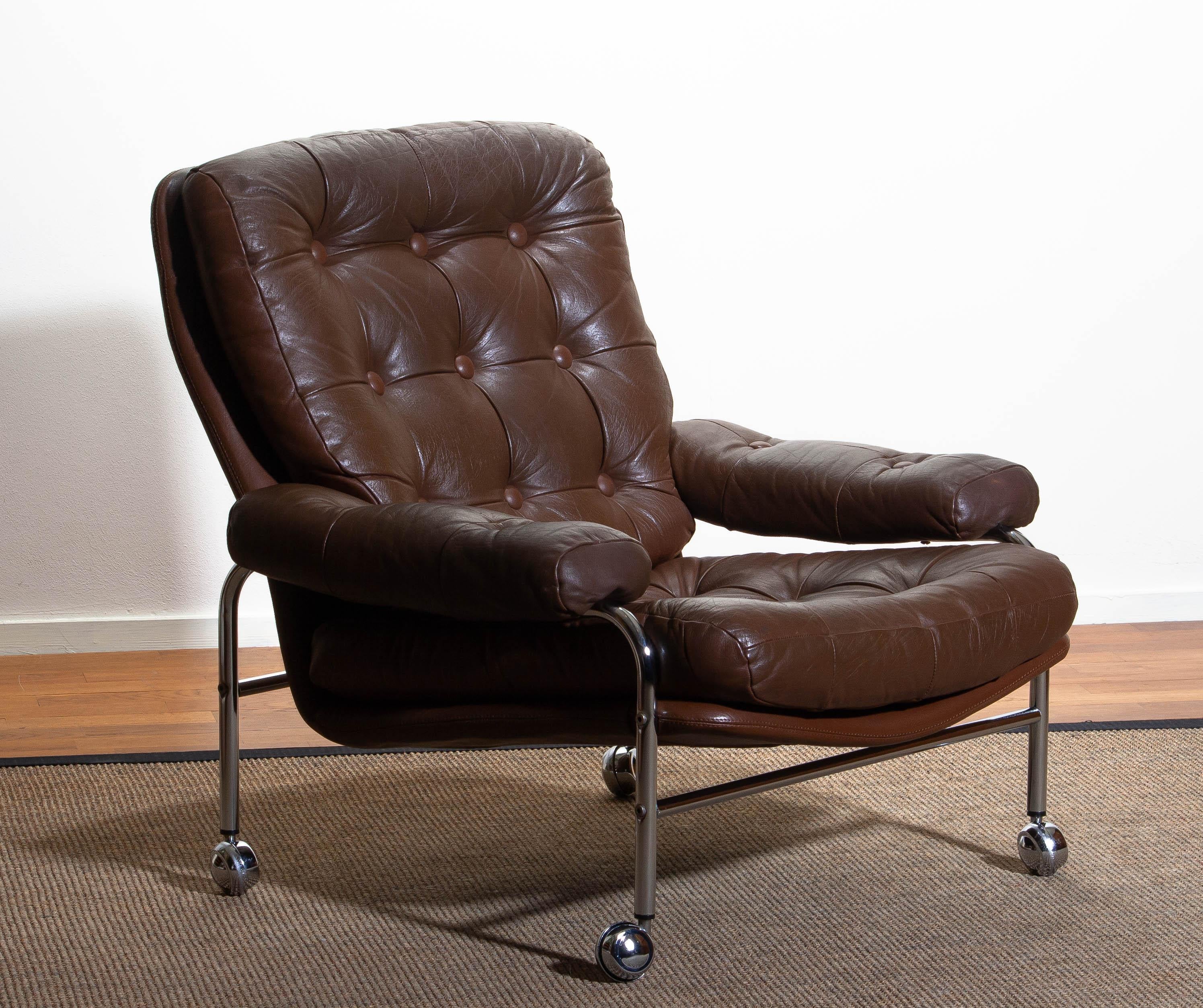Mid-Century Modern 1970s, Chrome and Brown Leather Easy / Lounge Chair by Scapa Rydaholm, Sweden