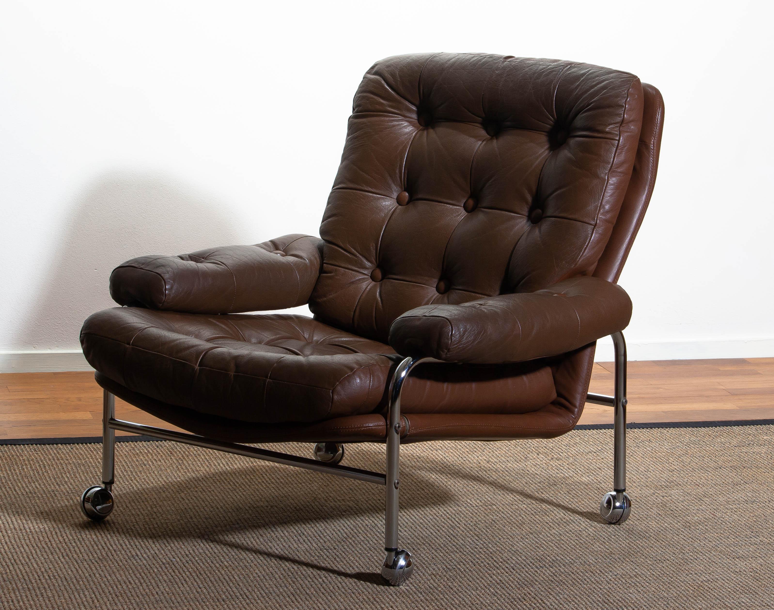 1970s, Chrome and Brown Leather Easy / Lounge Chair by Scapa Rydaholm, Sweden In Good Condition In Silvolde, Gelderland