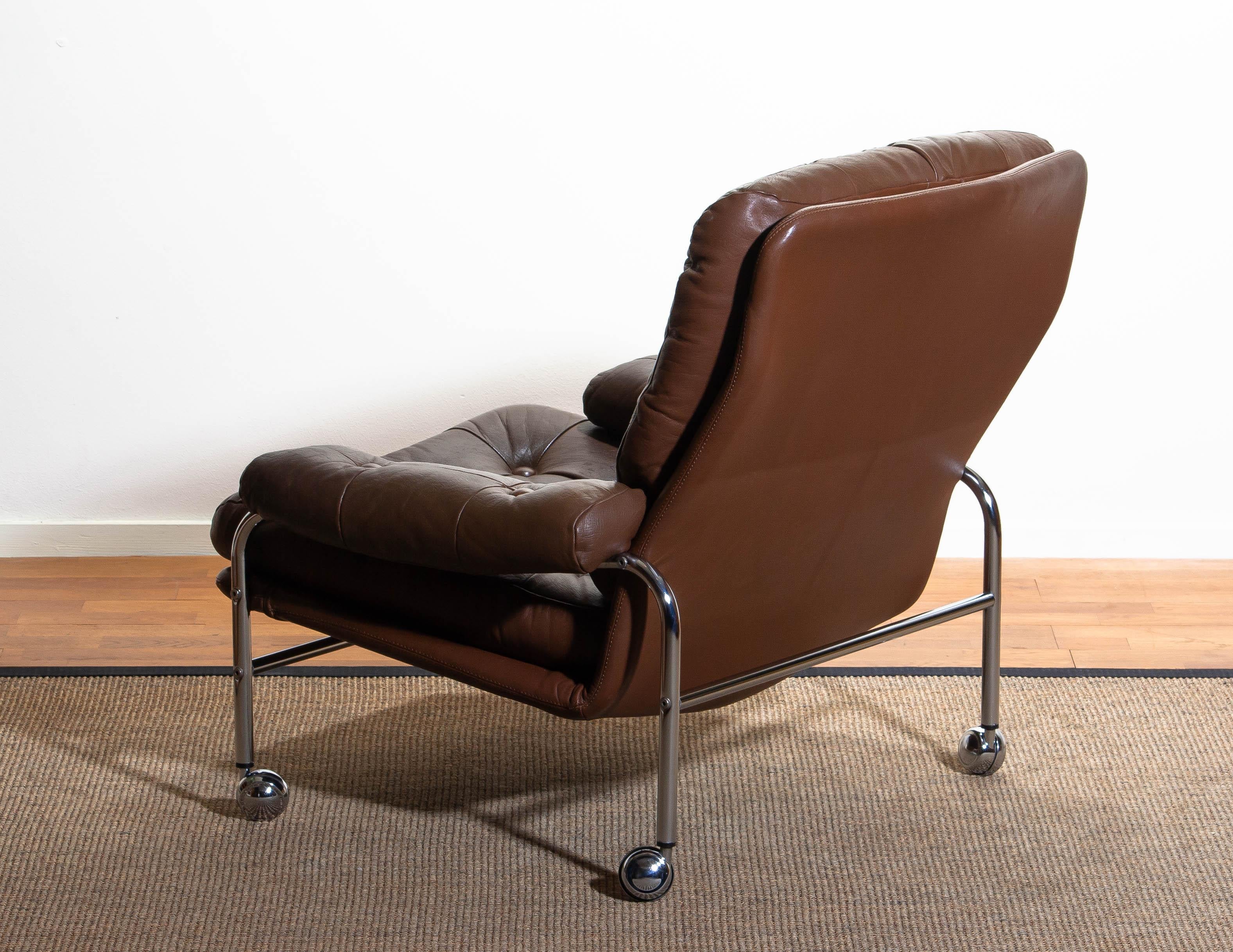 1970s, Chrome and Brown Leather Easy / Lounge Chair by Scapa Rydaholm, Sweden 1