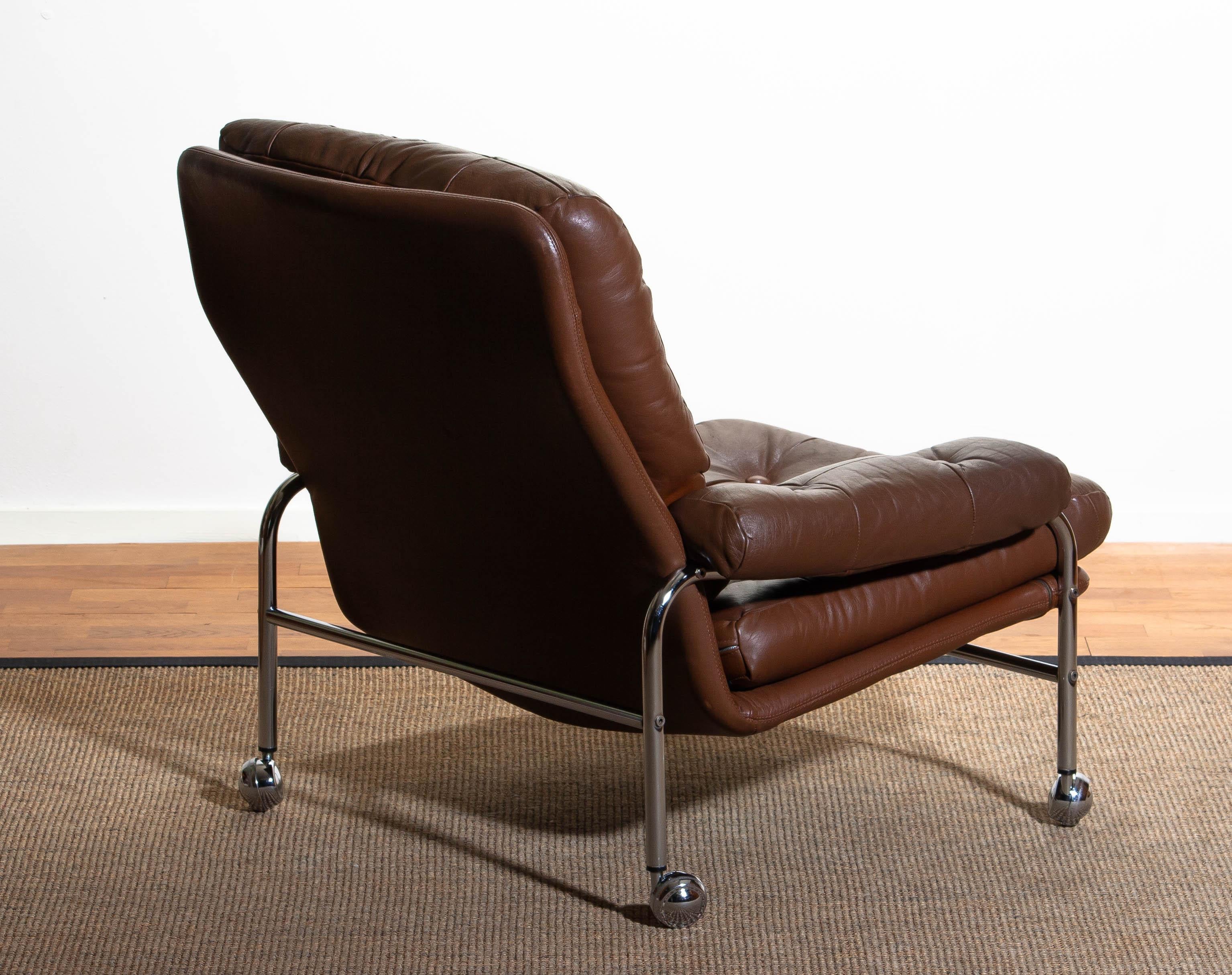 1970s, Chrome and Brown Leather Easy / Lounge Chair by Scapa Rydaholm, Sweden 2