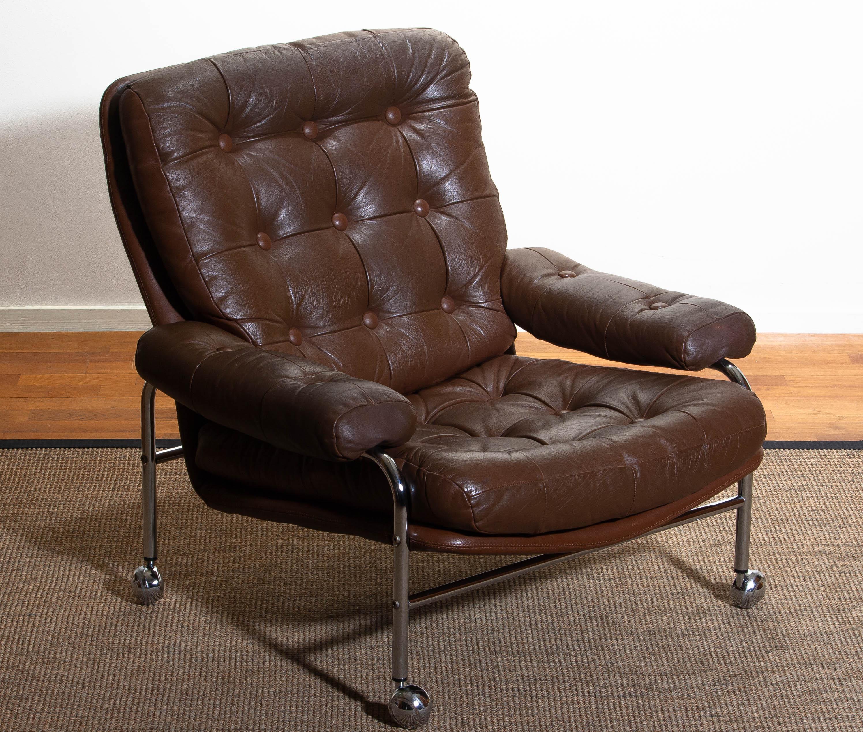 1970s, Chrome and Brown Leather Easy / Lounge Chair by Scapa Rydaholm, Sweden 4