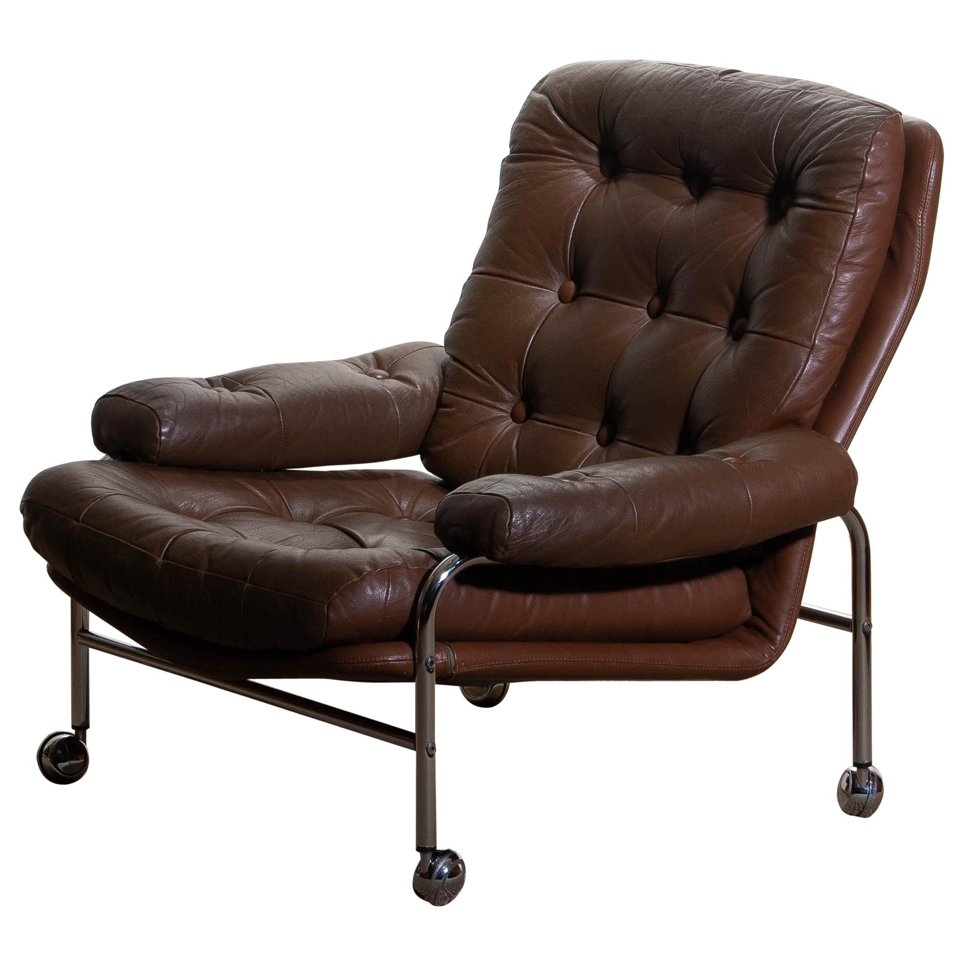 1970s, Chrome and Brown Leather Easy / Lounge Chair by Scapa Rydaholm, Sweden