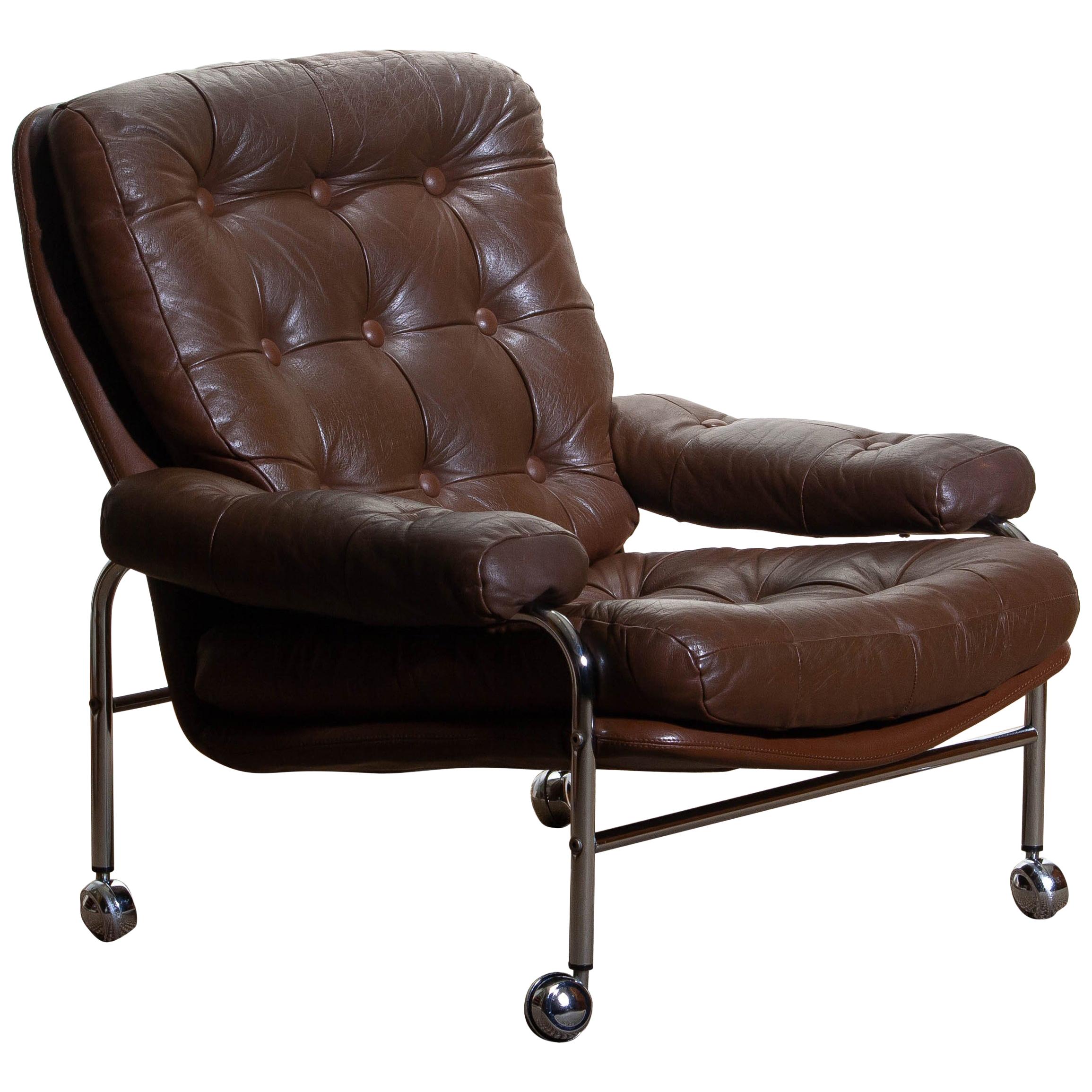 1970s, Chrome and Brown Leather Easy / Lounge Chair by Scapa Rydaholm, Sweden