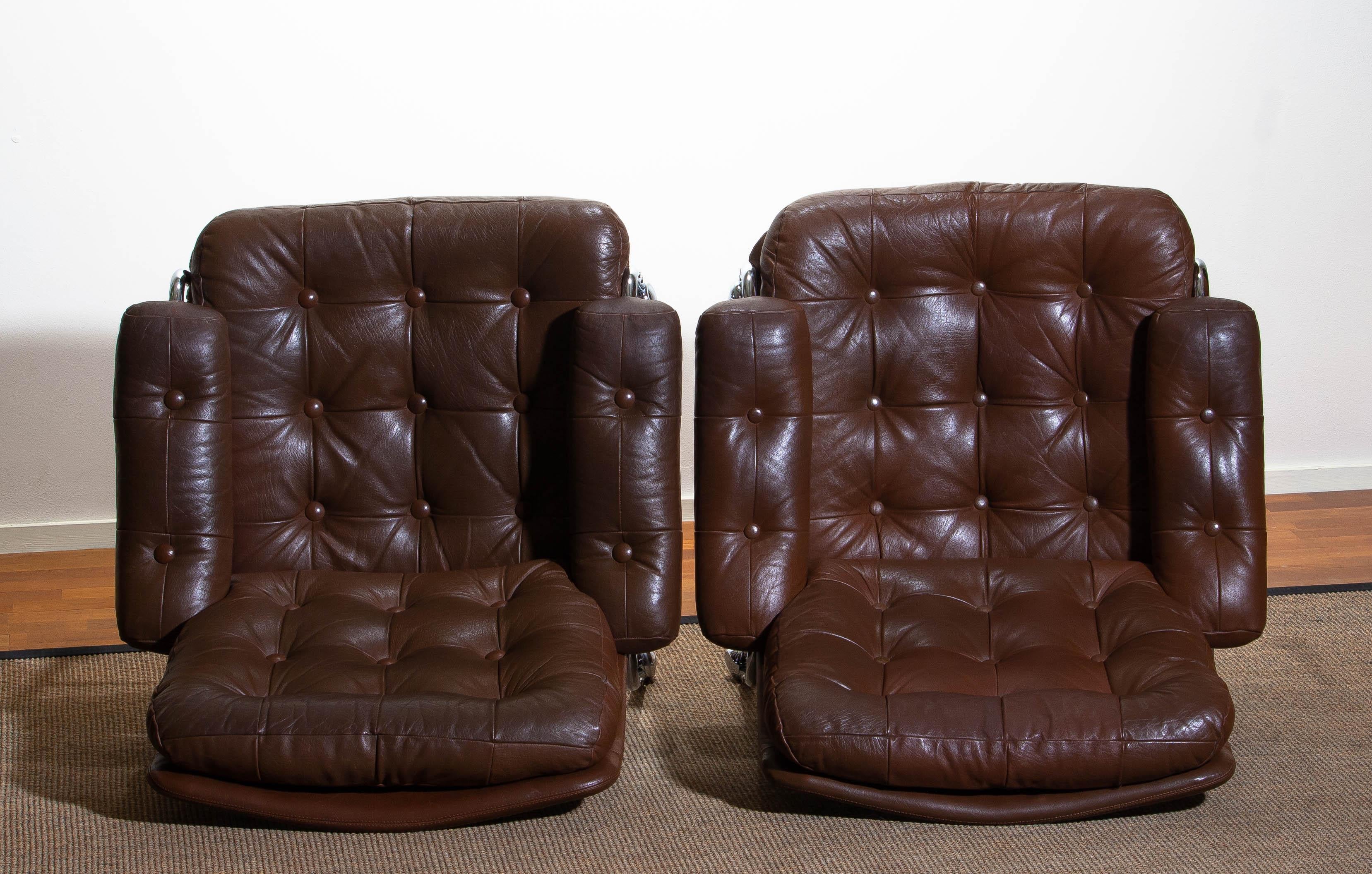 1970s, Chrome and Brown Leather Easy / Lounge Chairs by Scapa Rydaholm, Sweden 6