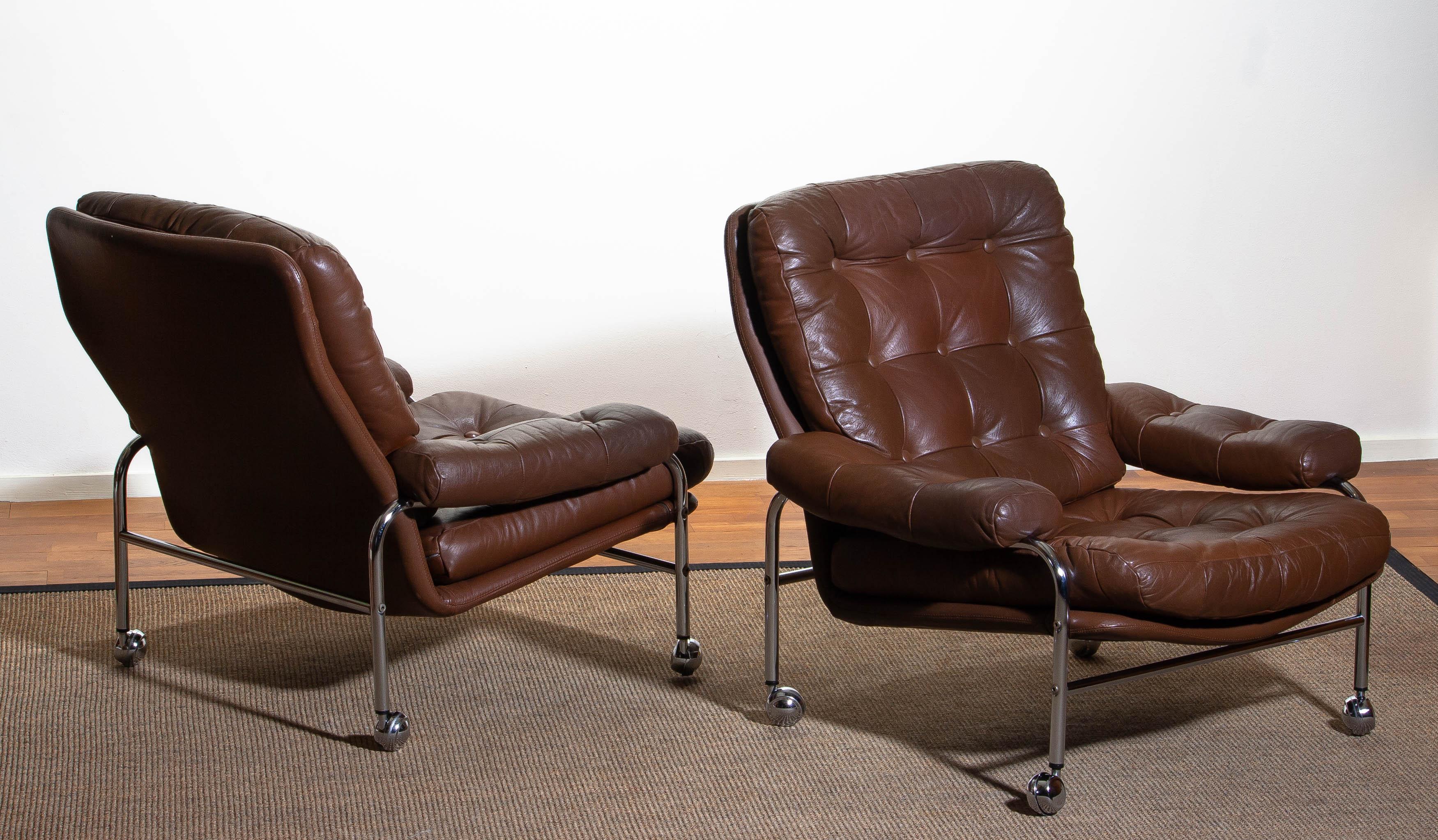 Mid-Century Modern 1970s, Chrome and Brown Leather Easy / Lounge Chairs by Scapa Rydaholm, Sweden
