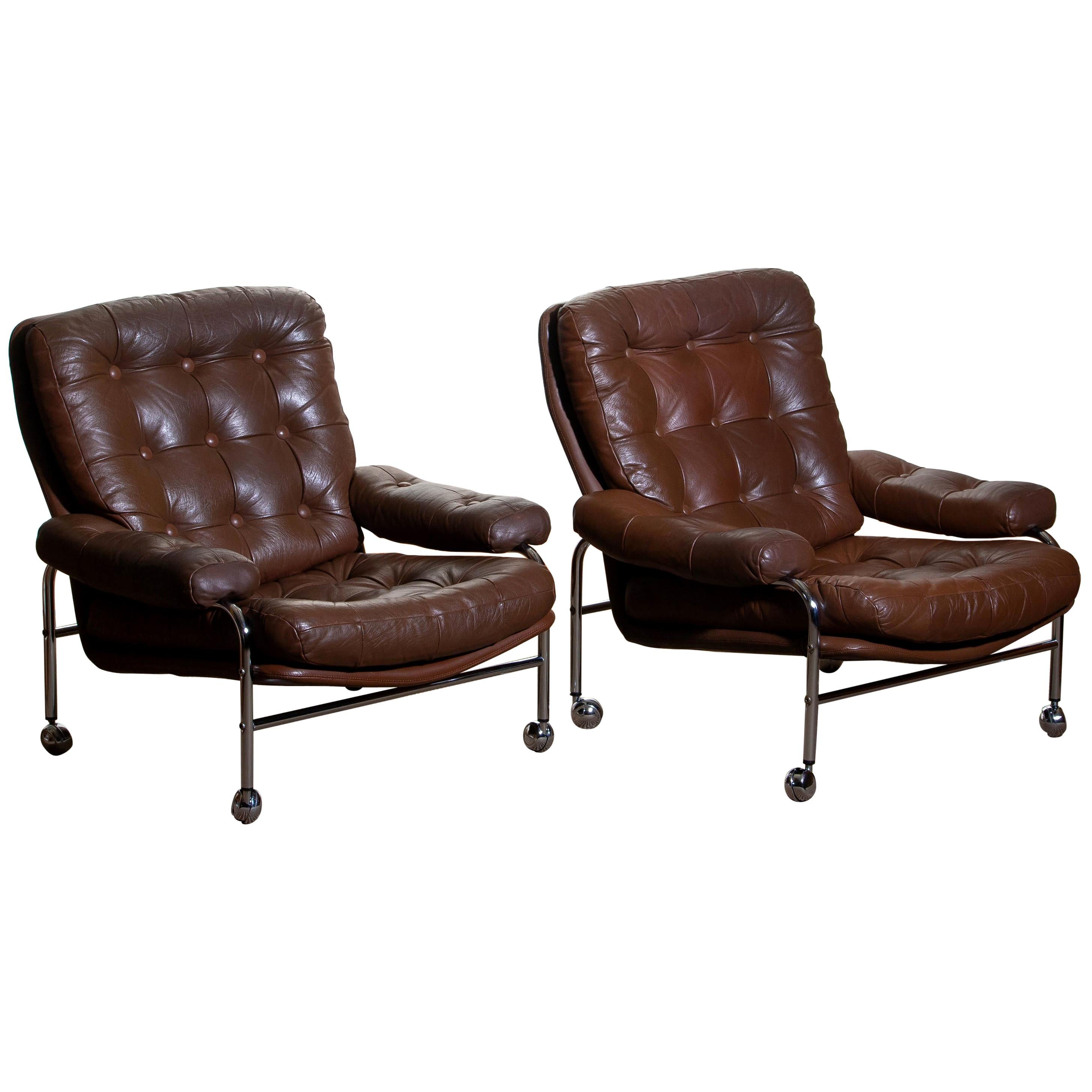 Mid-Century Modern 1970s, Chrome and Brown Leather Easy / Lounge Chairs by Scapa Rydaholm, Sweden
