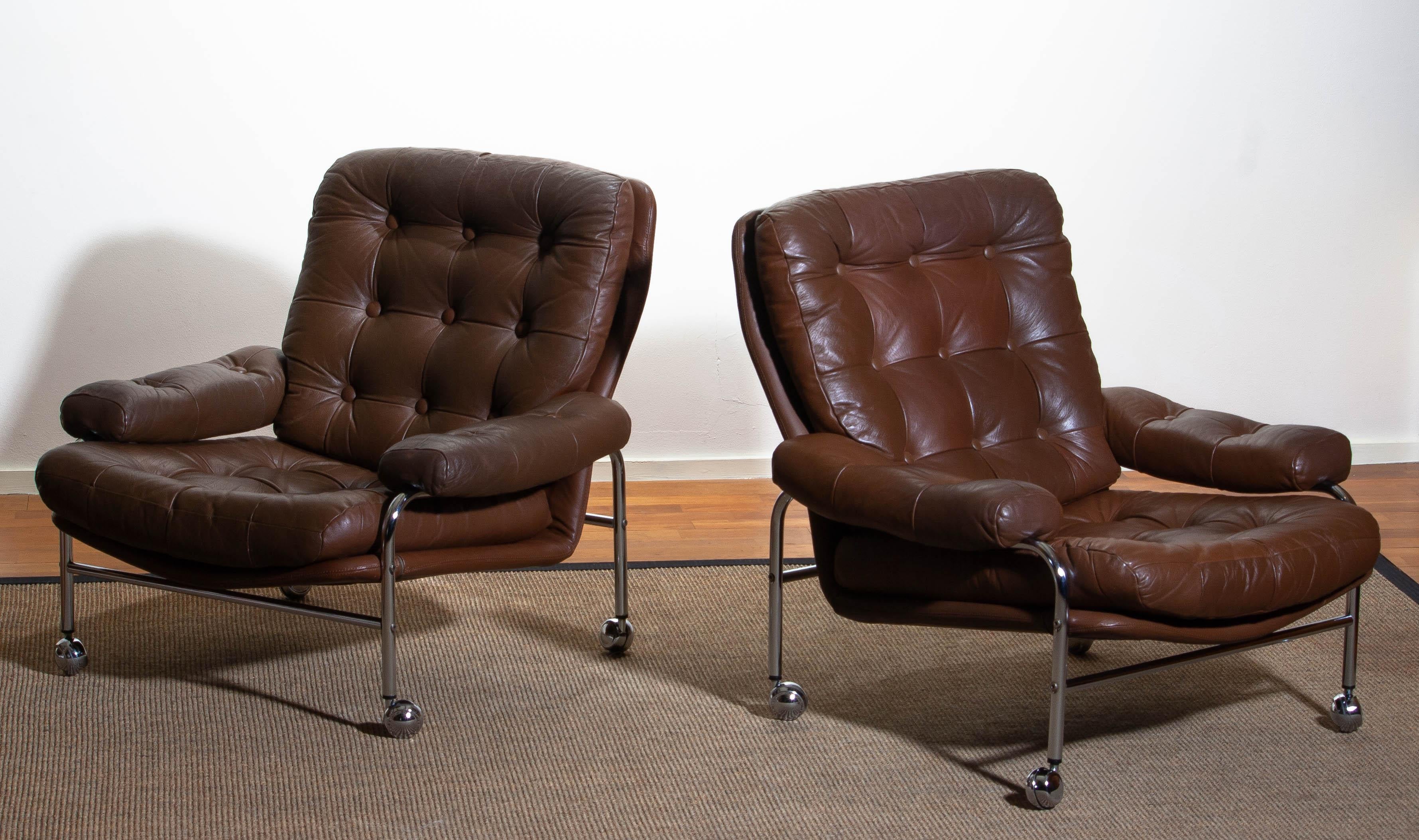 1970s, Chrome and Brown Leather Easy / Lounge Chairs by Scapa Rydaholm, Sweden im Zustand „Gut“ in Silvolde, Gelderland