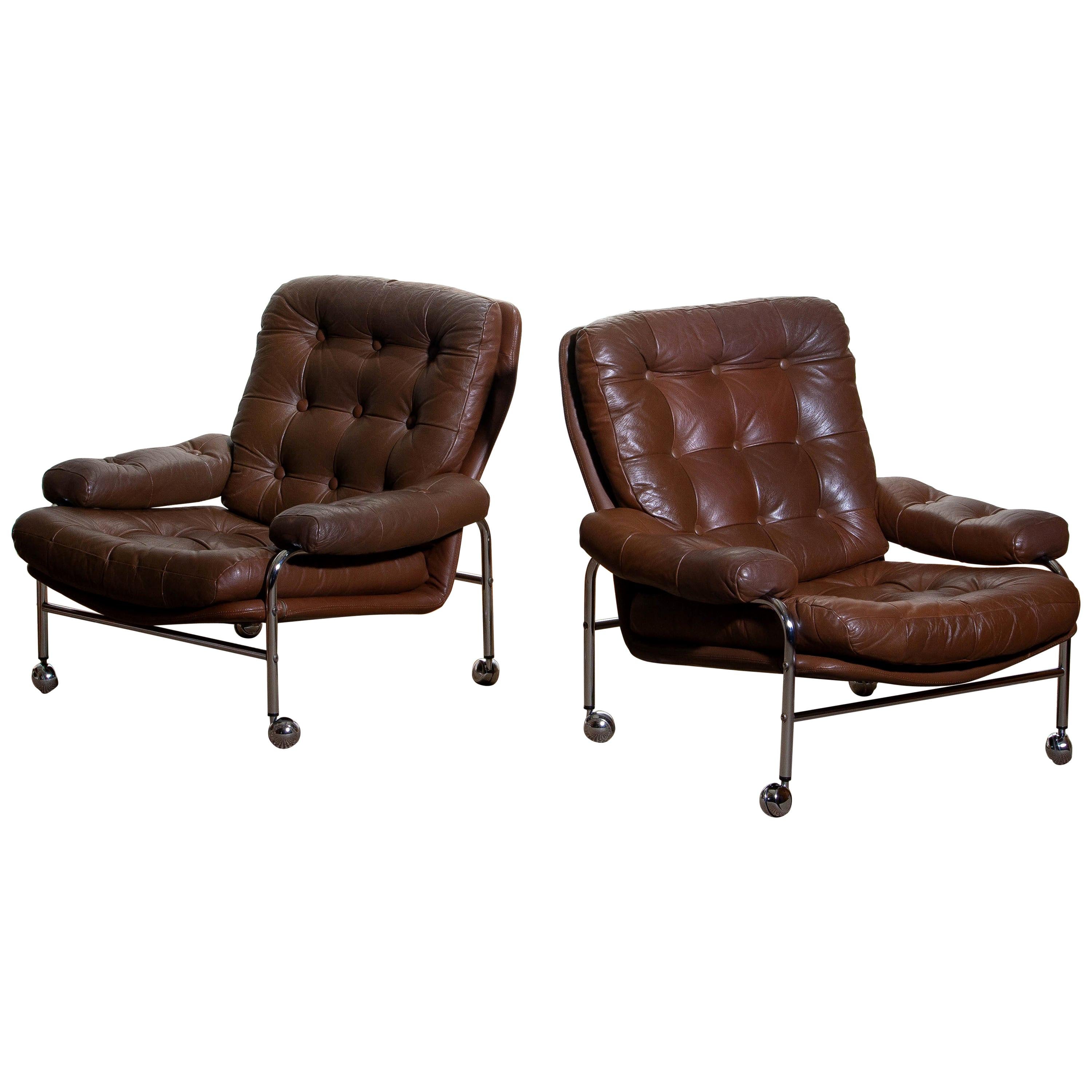 1970s, Chrome and Brown Leather Easy / Lounge Chairs by Scapa Rydaholm, Sweden In Good Condition In Silvolde, Gelderland