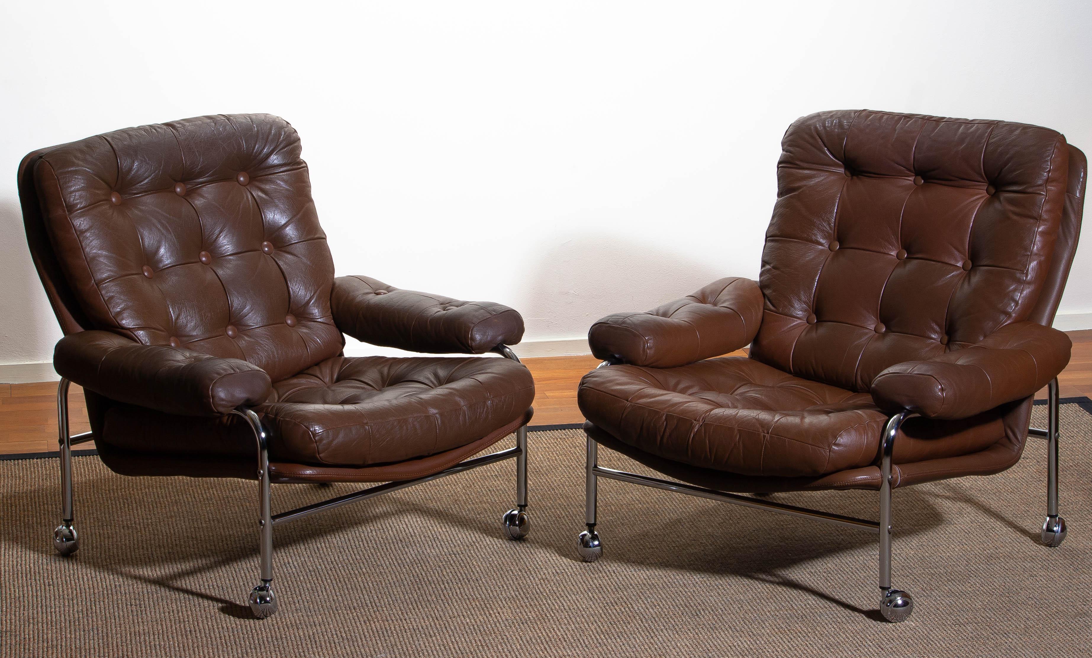 1970s, Chrome and Brown Leather Easy / Lounge Chairs by Scapa Rydaholm, Sweden 1
