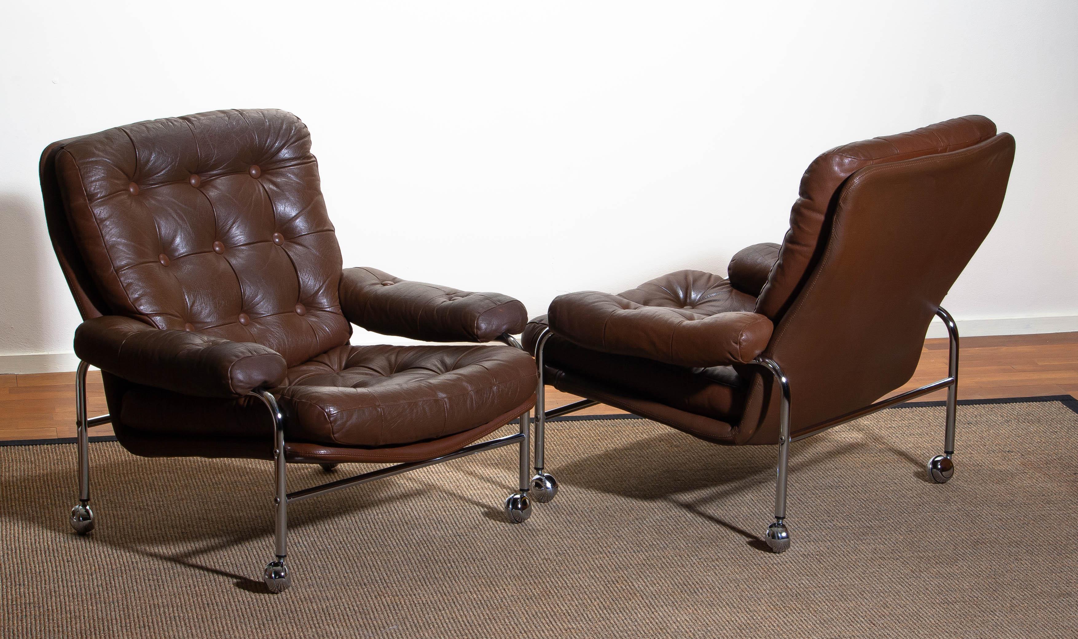 1970s, Chrome and Brown Leather Easy / Lounge Chairs by Scapa Rydaholm, Sweden 1