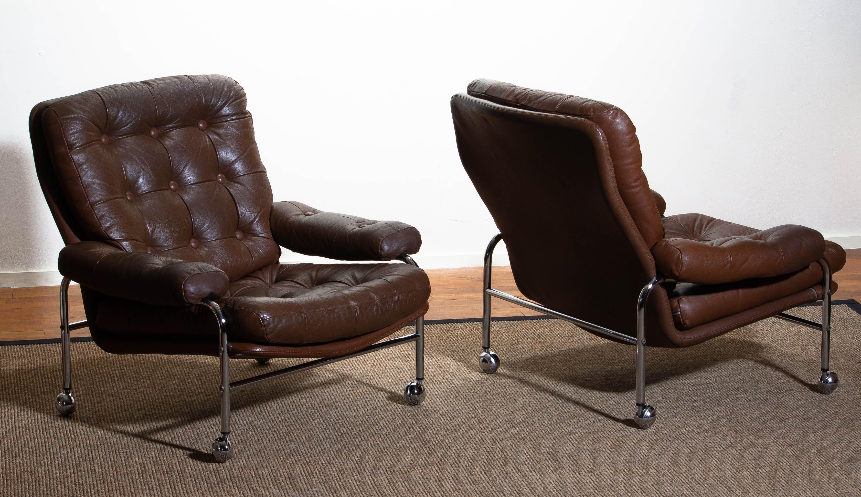 1970s, Chrome and Brown Leather Easy / Lounge Chairs by Scapa Rydaholm, Sweden 3