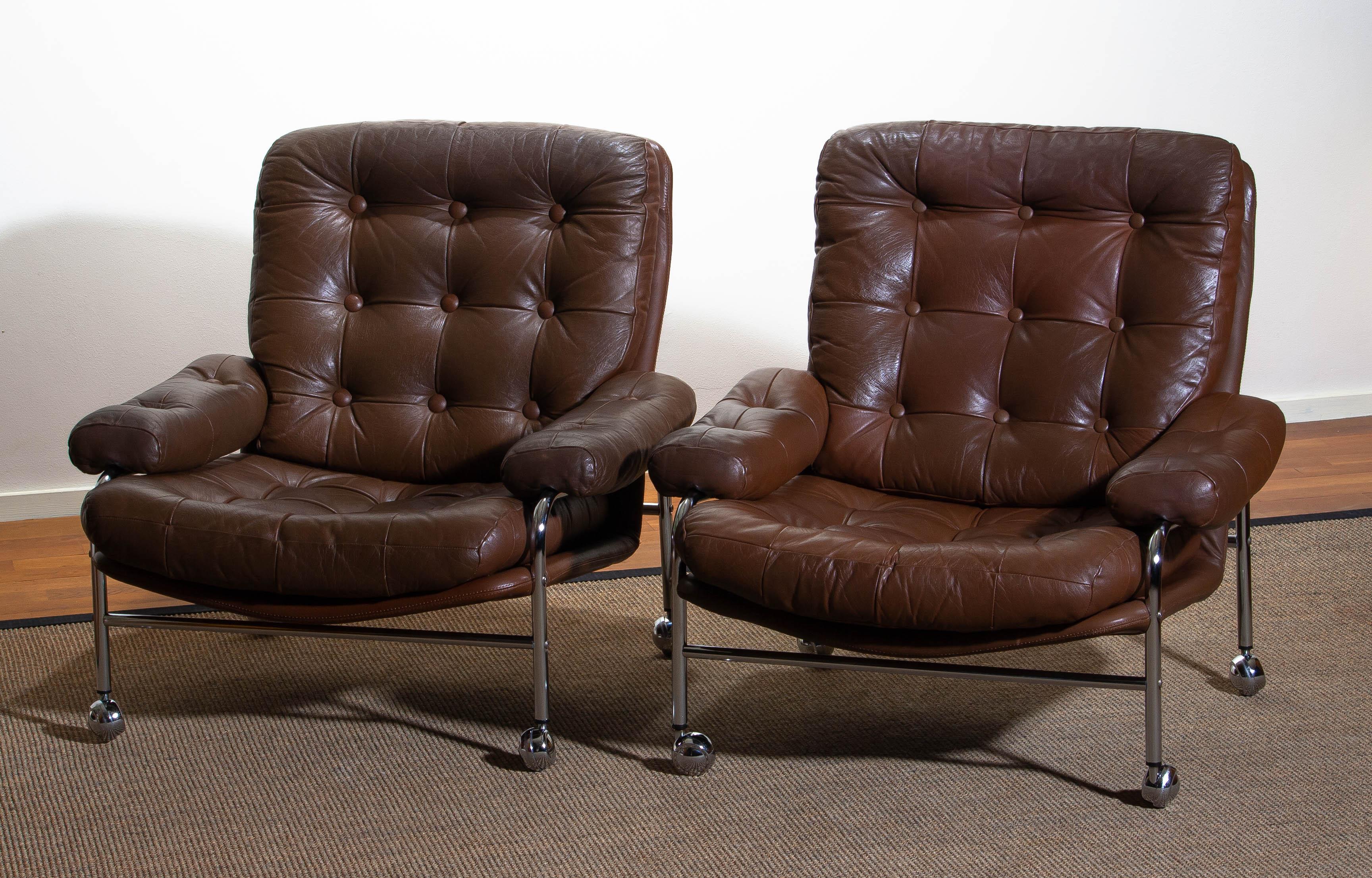 1970s, Chrome and Brown Leather Easy / Lounge Chairs by Scapa Rydaholm, Sweden 4