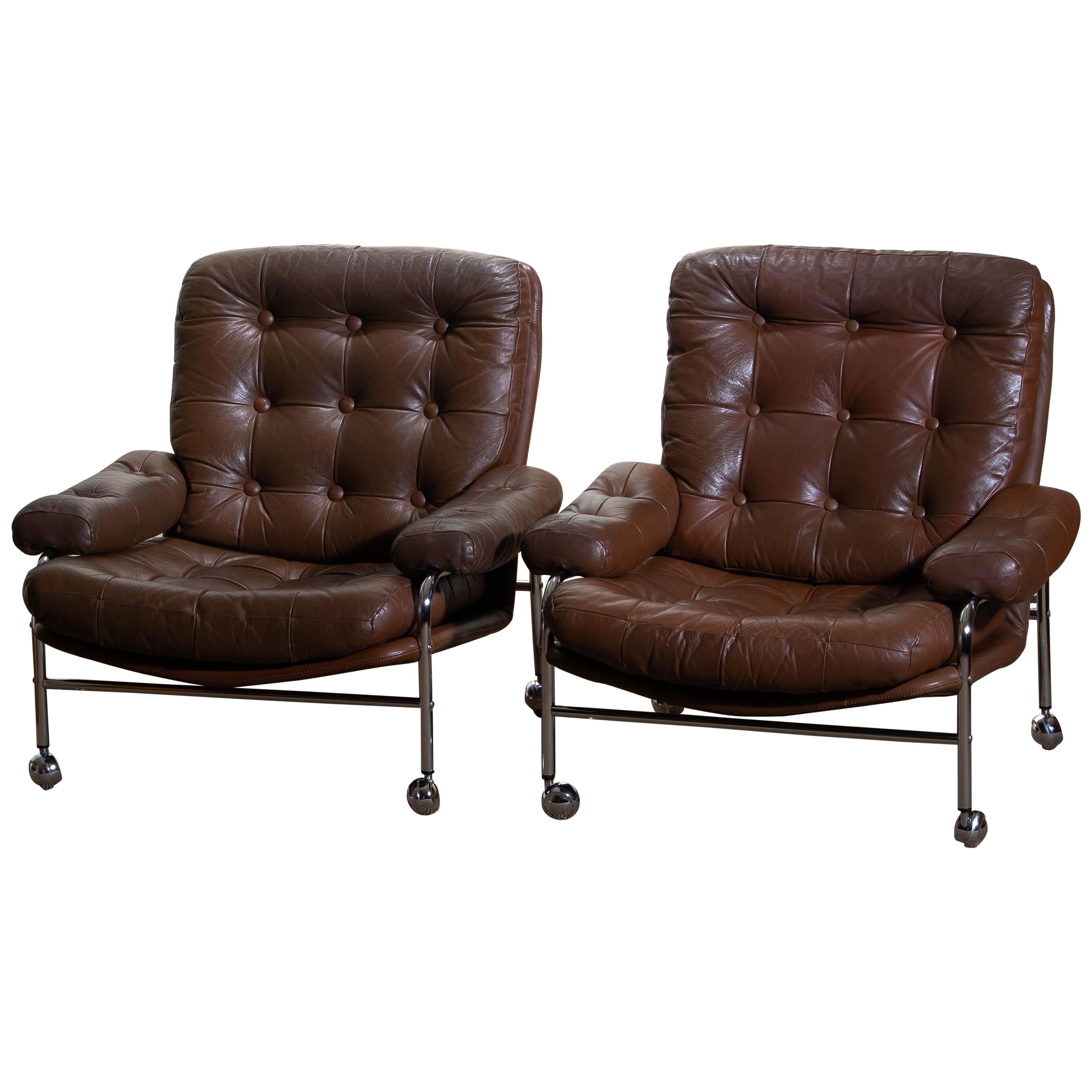 1970s, Chrome and Brown Leather Easy / Lounge Chairs by Scapa Rydaholm, Sweden