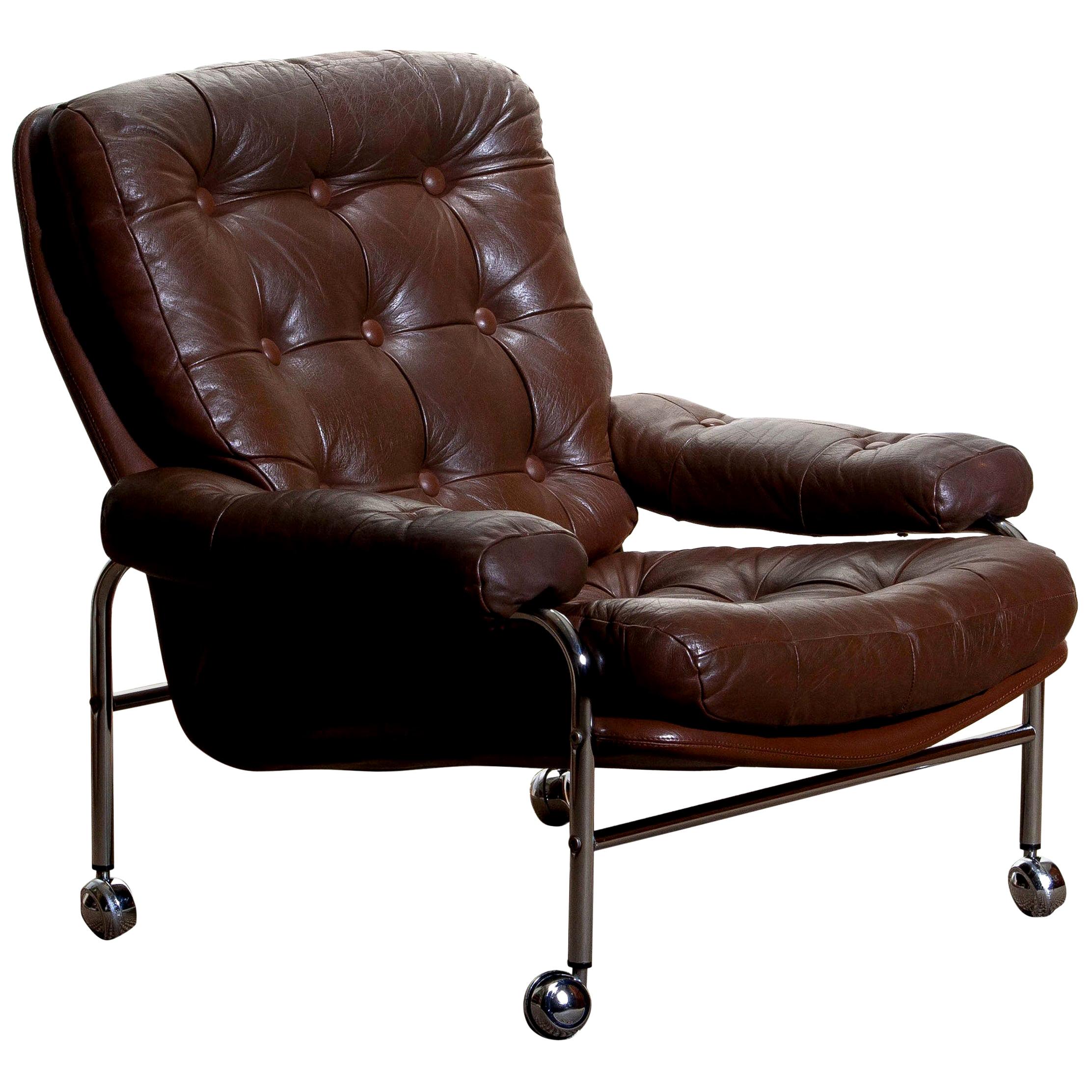 1970s, Chrome and Brown Leather Easy or Lounge Chair by Scapa Rydaholm, Sweden