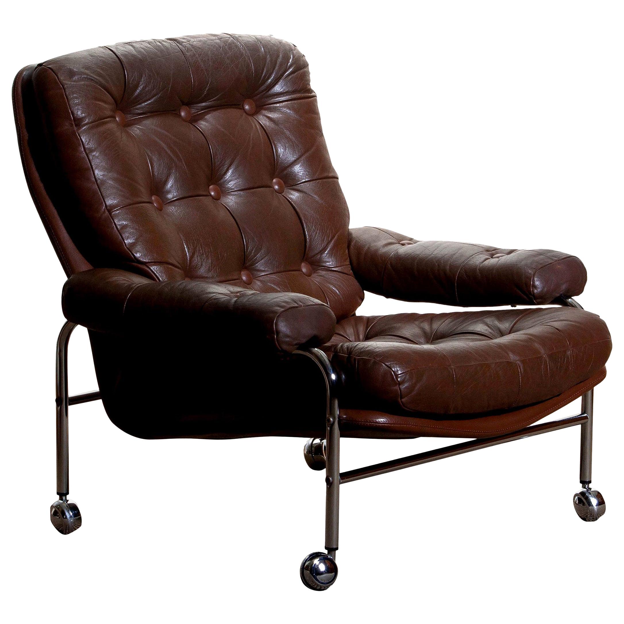 1970s, Chrome and Brown Leather Easy or Lounge Chair by Scapa Rydaholm, Sweden