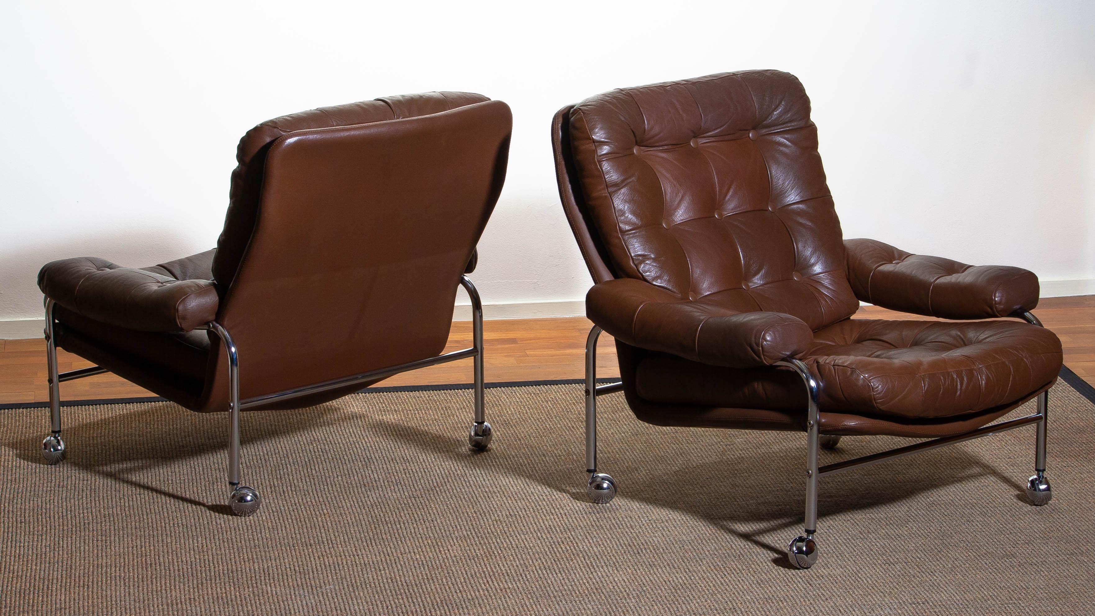 1970s, Chrome and Brown Leather Lounge Chairs by Scapa Rydaholm, Sweden In Good Condition In Silvolde, Gelderland