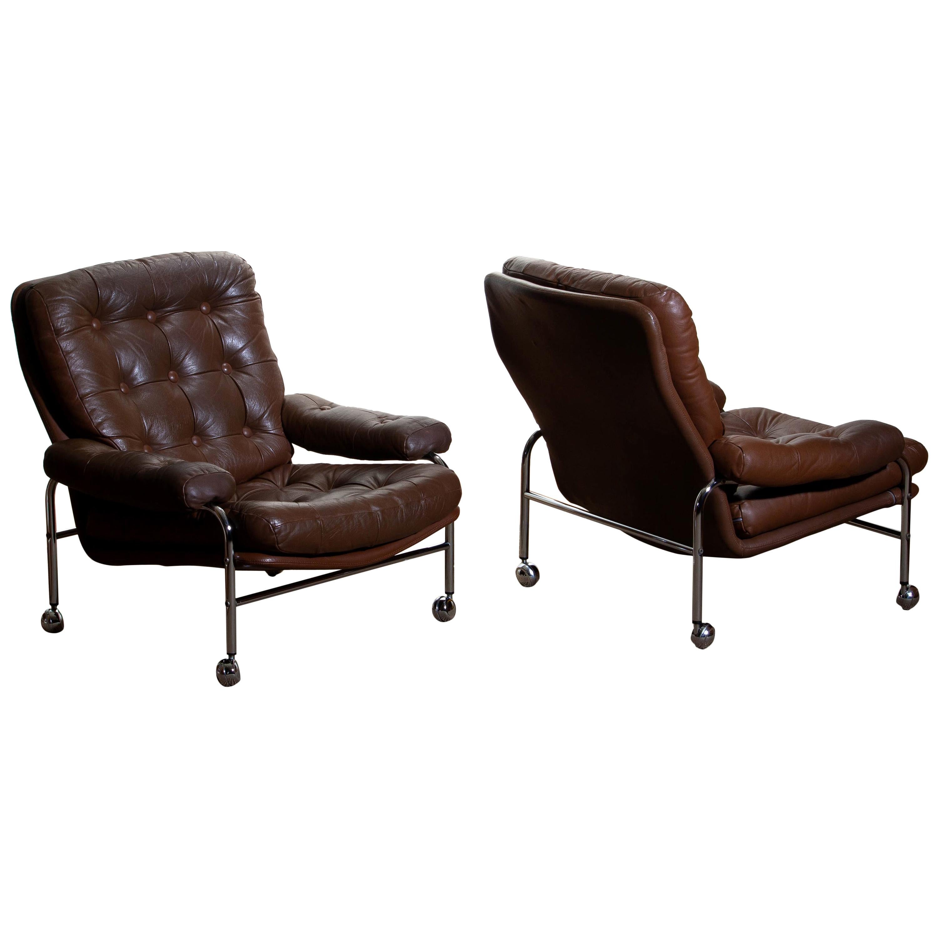 1970s, Chrome and Brown Leather Lounge Chairs by Scapa Rydaholm, Sweden In Good Condition In Silvolde, Gelderland