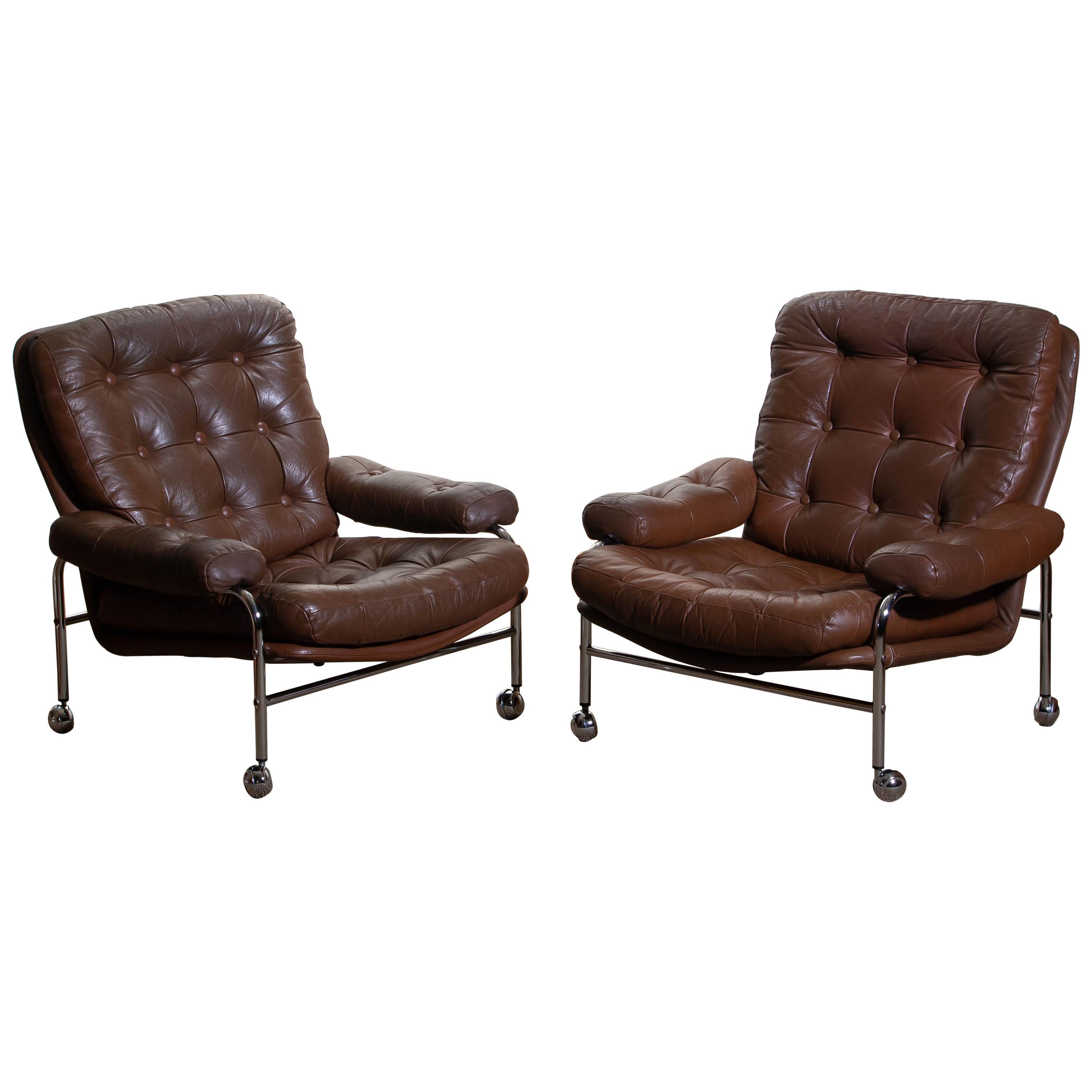 1970s, Chrome and Brown Leather Lounge Chairs by Scapa Rydaholm, Sweden 1