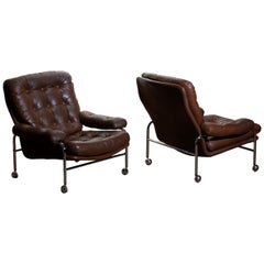 1970s, Chrome and Brown Leather Lounge Chairs by Scapa Rydaholm, Sweden