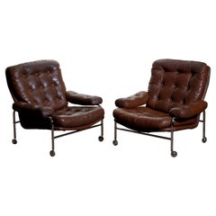 1970s, Chrome and Brown Leather Lounge Chairs by Scapa Rydaholm, Sweden