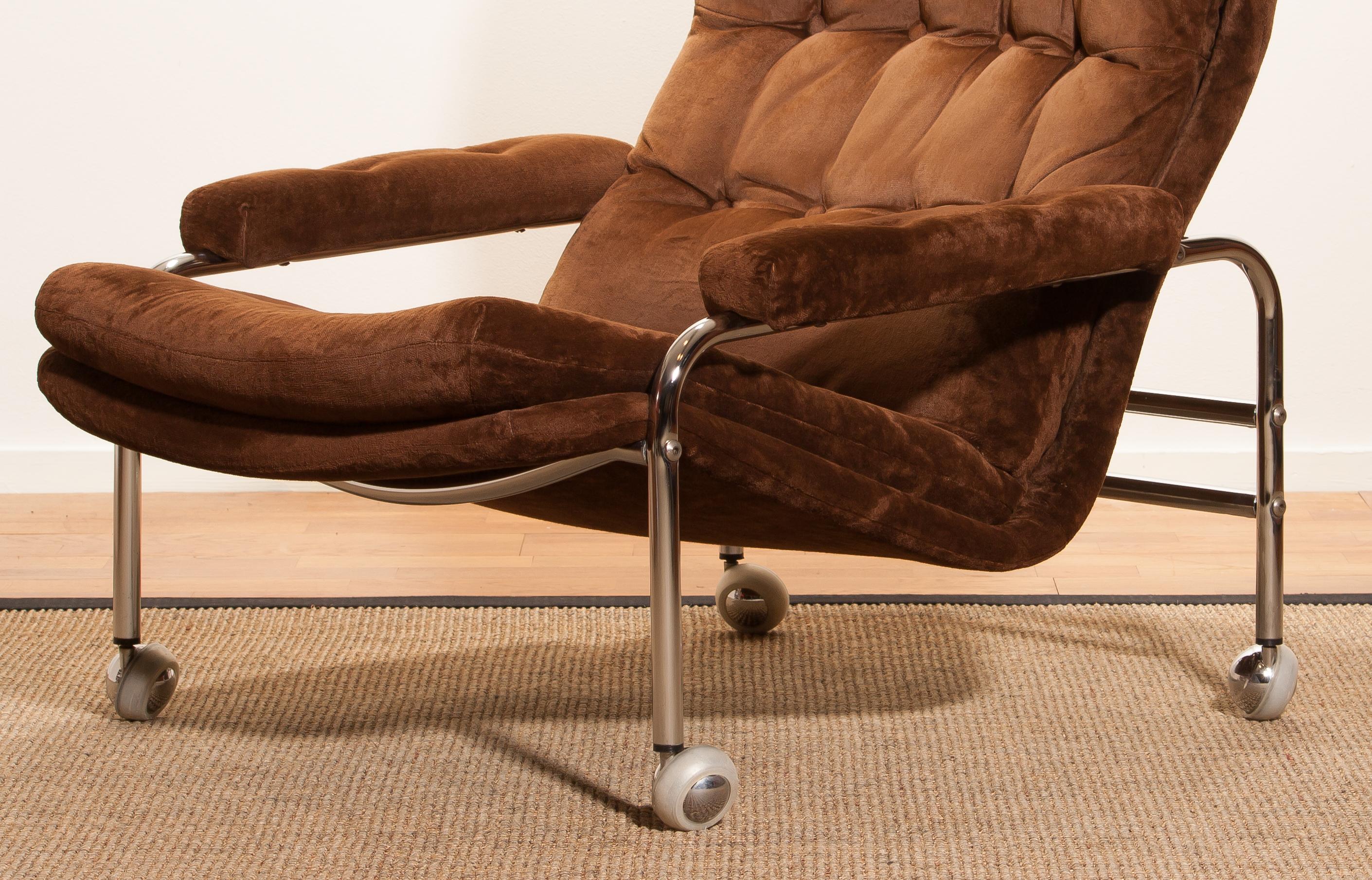 Mid-Century Modern 1970s, Chrome and Brown Velour’s Fabric Lounge Chair by Sapa Rydaholm, Sweden