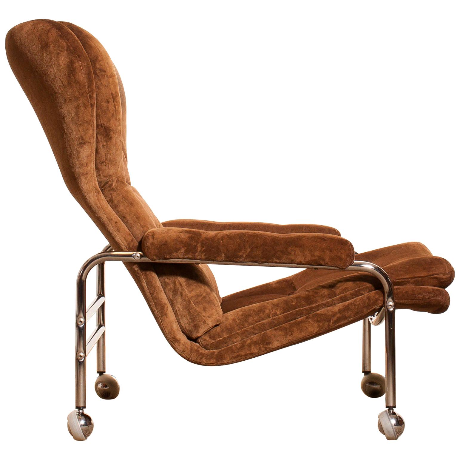 Mid-Century Modern 1970s, Chrome and Brown Velour’s Fabric Lounge Chair by Sapa Rydaholm, Sweden