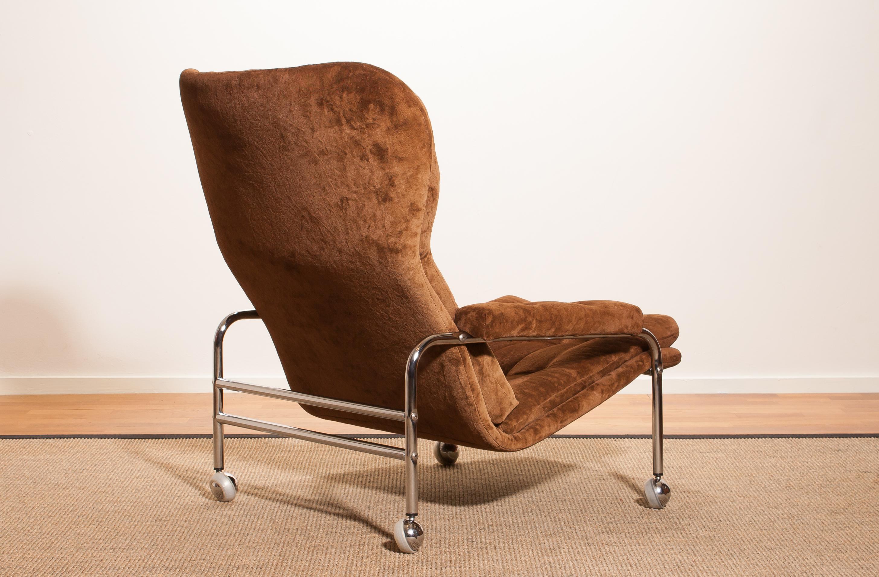 Swedish 1970s, Chrome and Brown Velour’s Fabric Lounge Chair by Sapa Rydaholm, Sweden