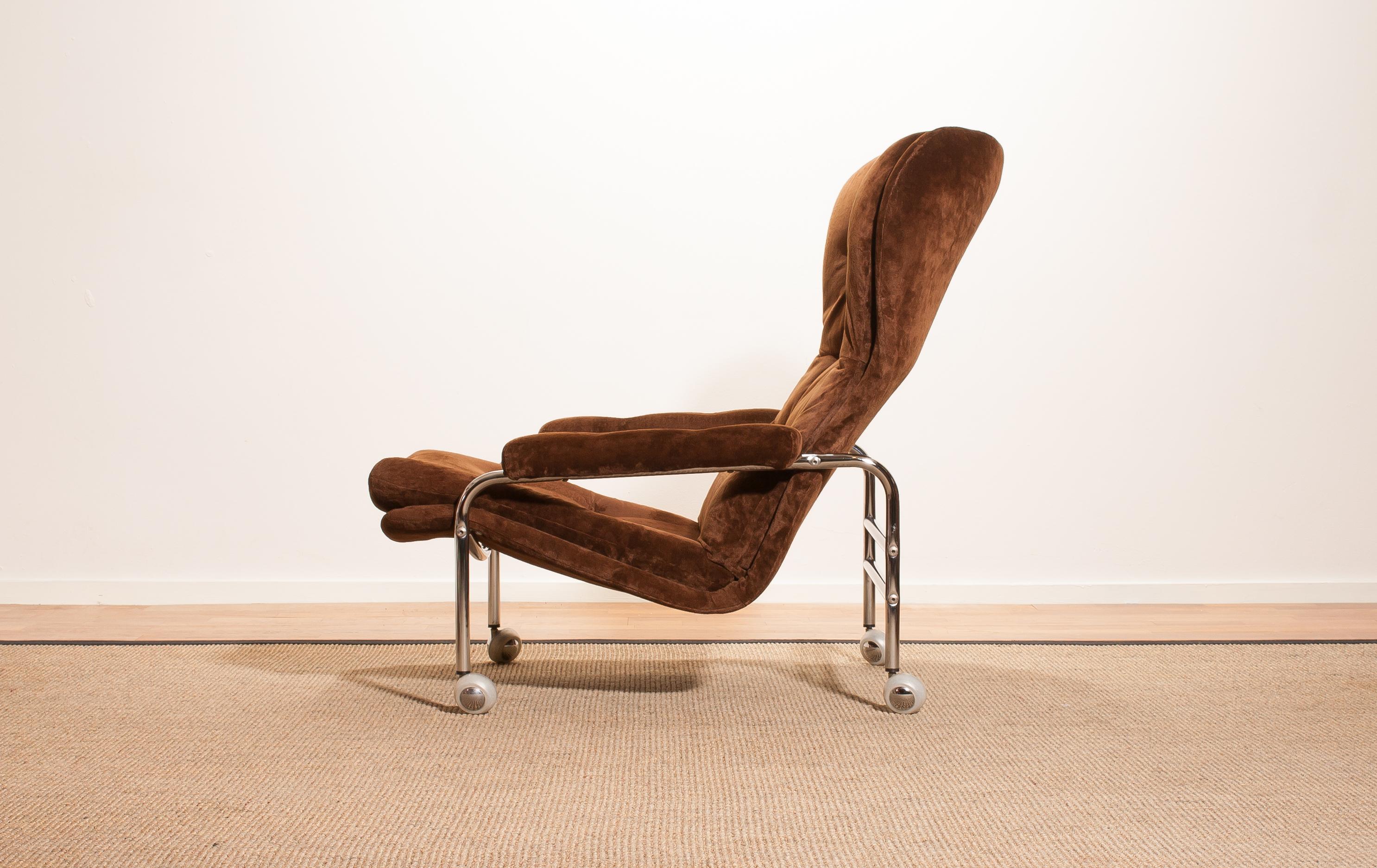 1970s, Chrome and Brown Velour’s Fabric Lounge Chair by Sapa Rydaholm, Sweden 1