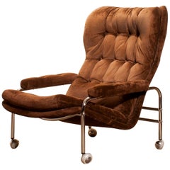 1970s, Chrome and Brown Velour’s Fabric Lounge Chair by Sapa Rydaholm, Sweden