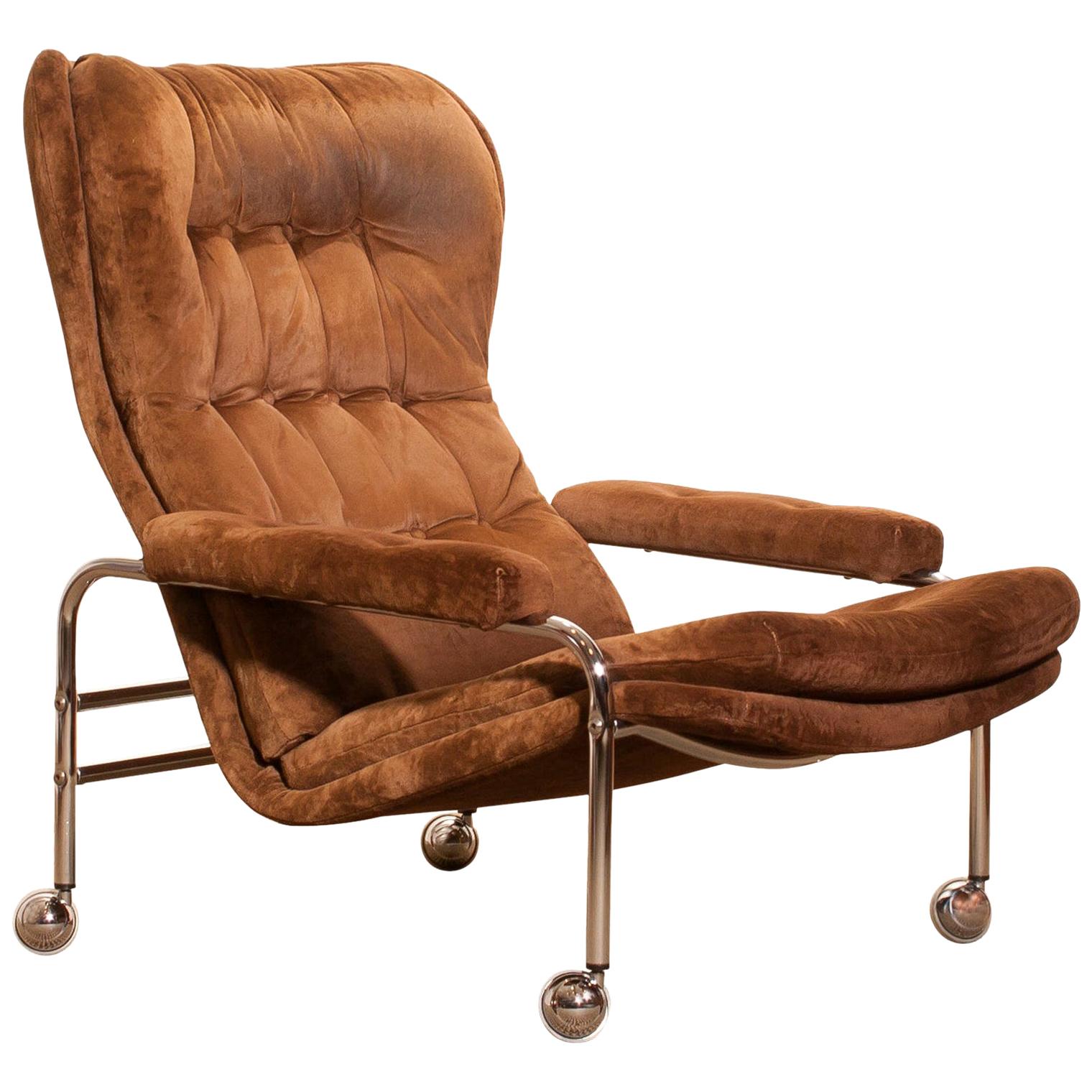 1970s, Chrome and Brown Velour’s Fabric Lounge Chair by Sapa Rydaholm, Sweden