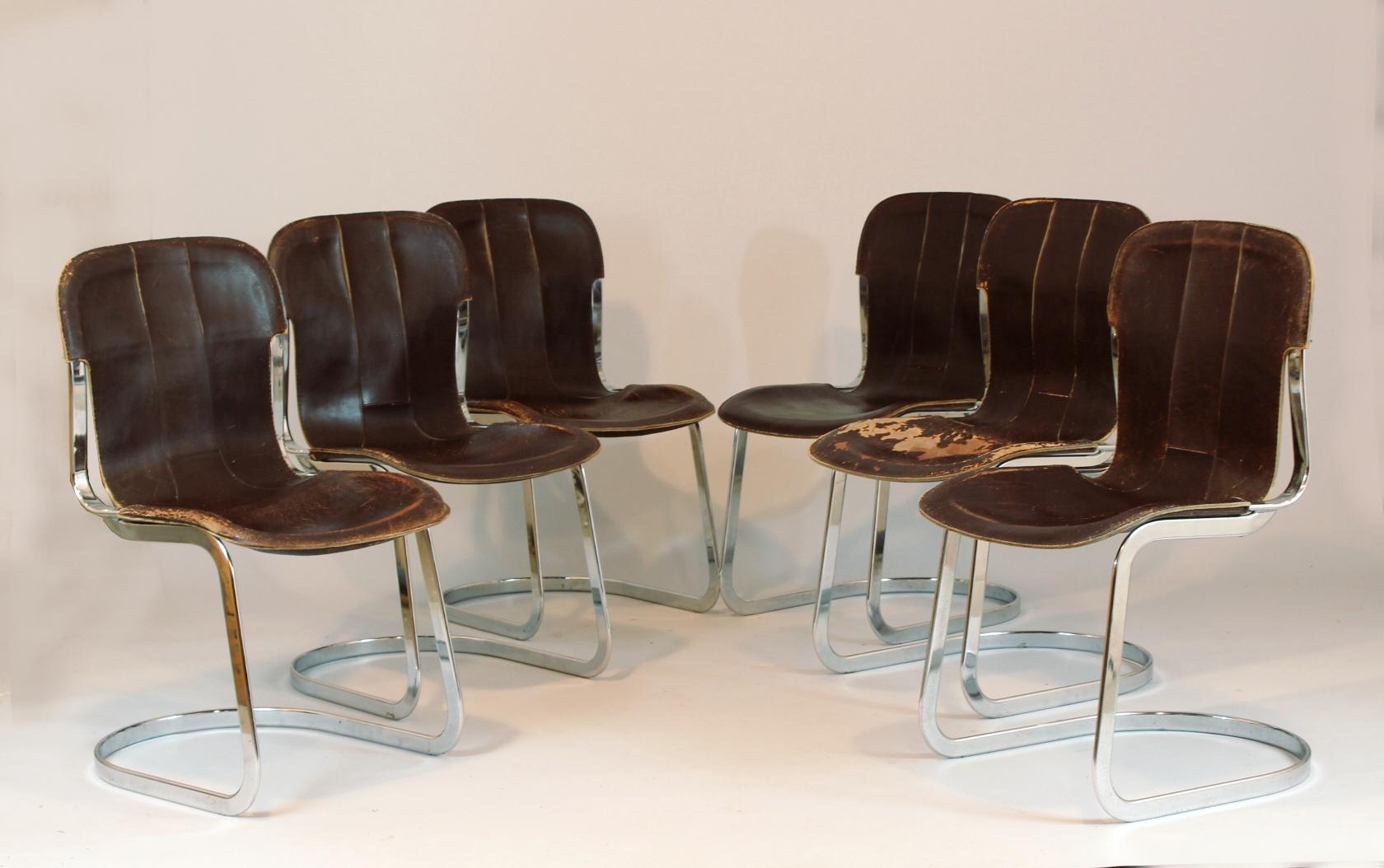 Set of six dining chairs by Willy Rizzo for Cidue, Italy, from the 1970s. Chairs are in chocolate brown worn leather, chrome-plated steel base. Original condition, nice patina.