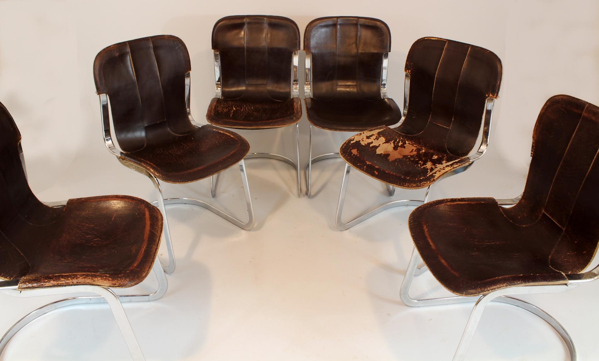 1970s Chrome and Leather Dining Chairs by Willy Rizzo for Cindue, Set of 6 For Sale 1