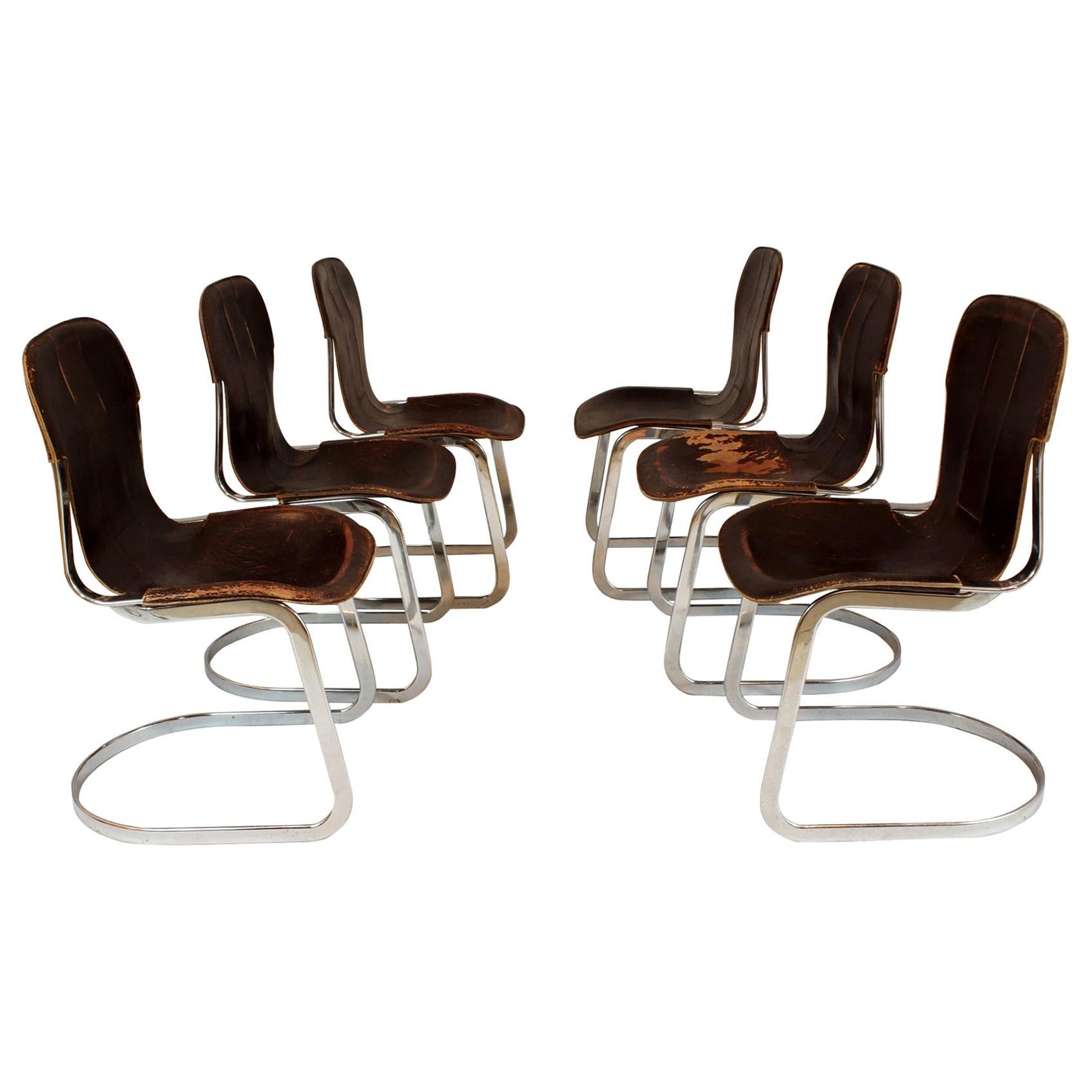 1970s Chrome and Leather Dining Chairs by Willy Rizzo for Cindue, Set of 6 For Sale