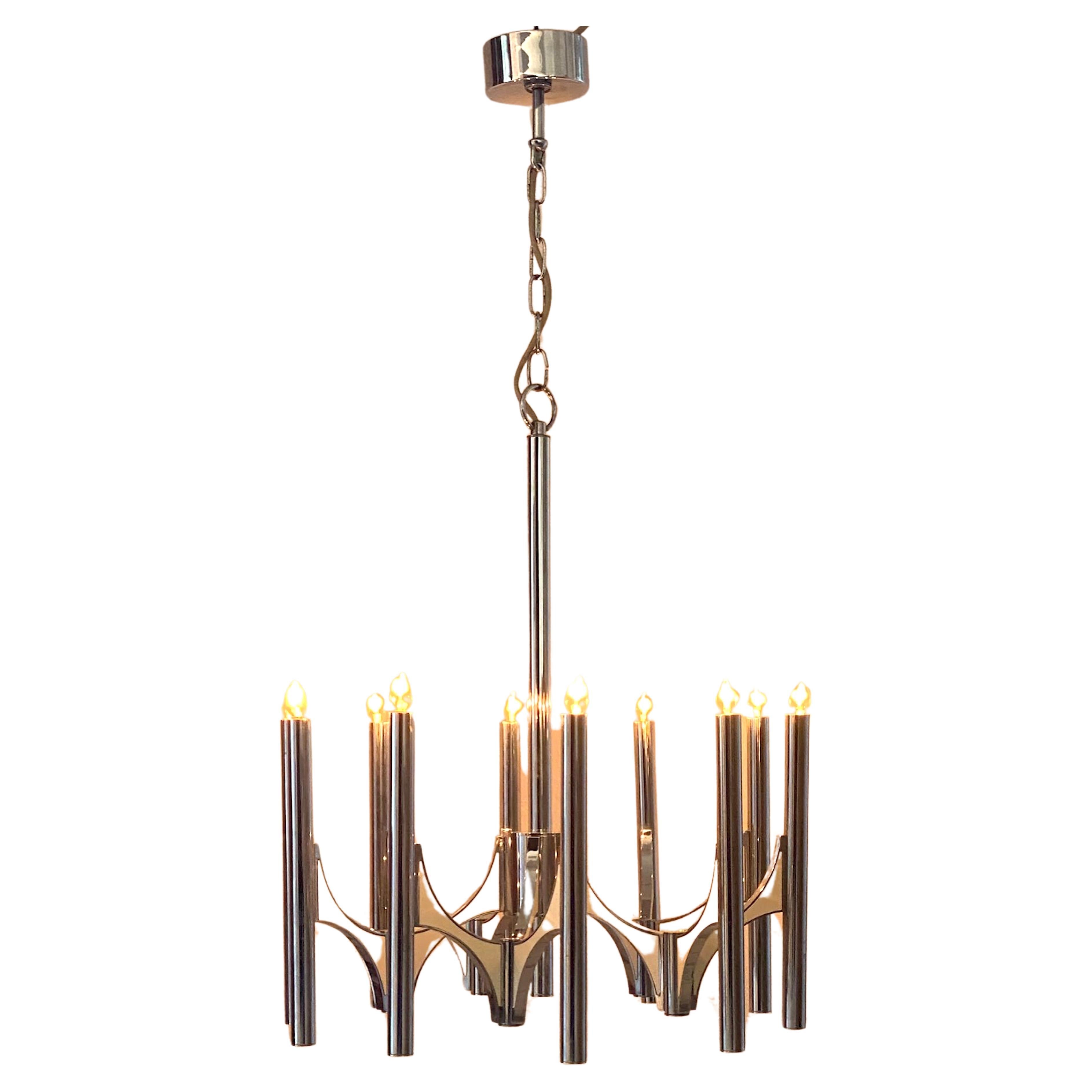 1970s Chrome and Metal  10 Lights Chandelier by Gaetano Sciolari For Sale
