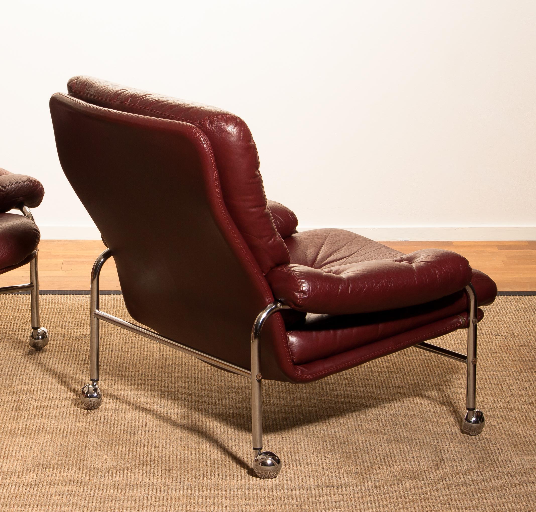 1970s, Chrome and Red Leather Easy or Lounge Chairs by Scapa Rydaholm, Sweden 6