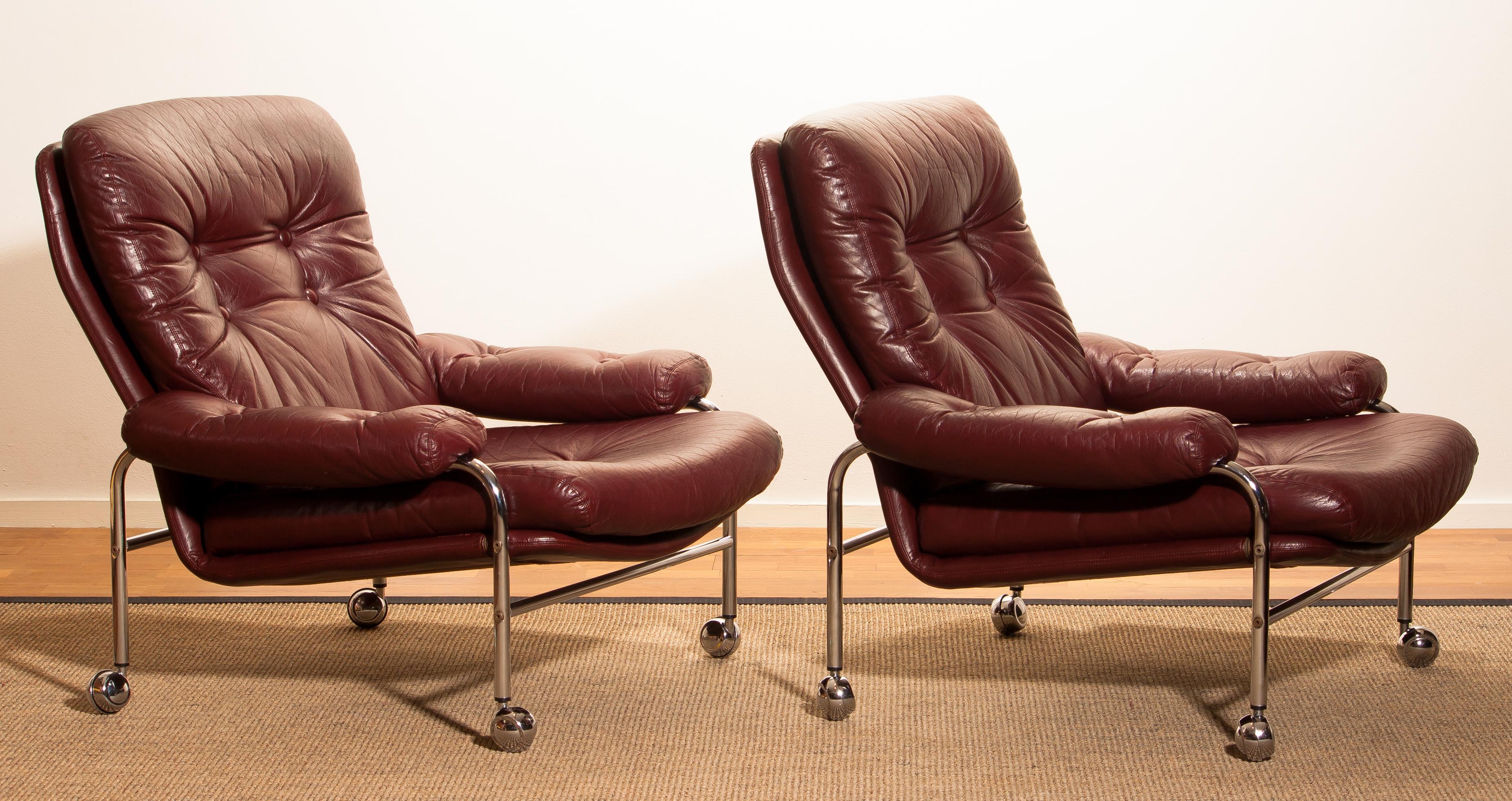 1970s, Chrome and Red Leather Easy or Lounge Chairs by Scapa Rydaholm, Sweden 8