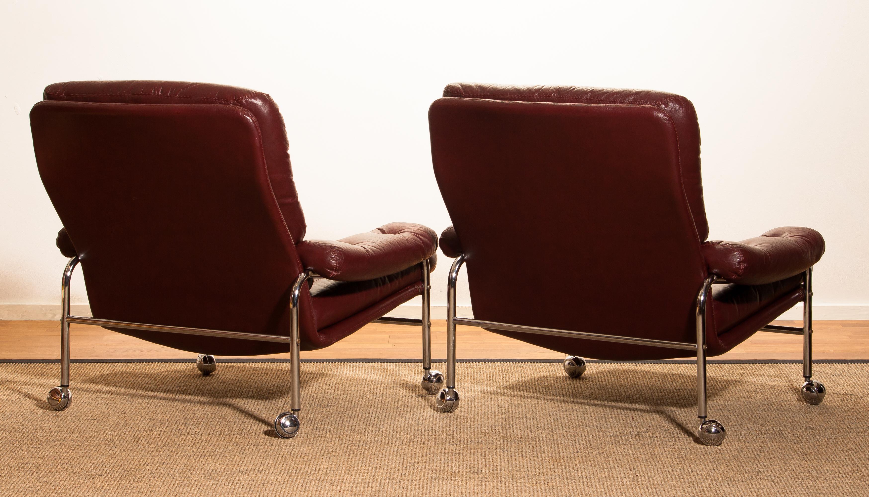 Beautiful set of two extremely comfortable easy or lounge chairs made by Scapa Rydaholm, Sweden.
These, typical Scandinavian chairs are upholstered with oxen red leather-based on a chromed metal frame.
All in perfect condition.

Period